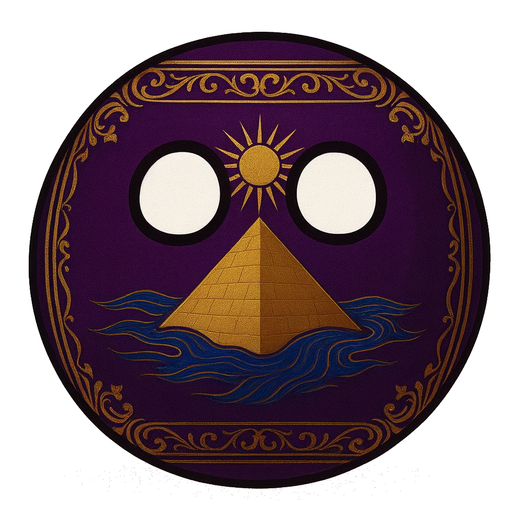 Close-up of a circular decorative face with white eyes, a sun with rays above, a pyramid as nose, and blue water waves below on a purple background with ornate gold border.