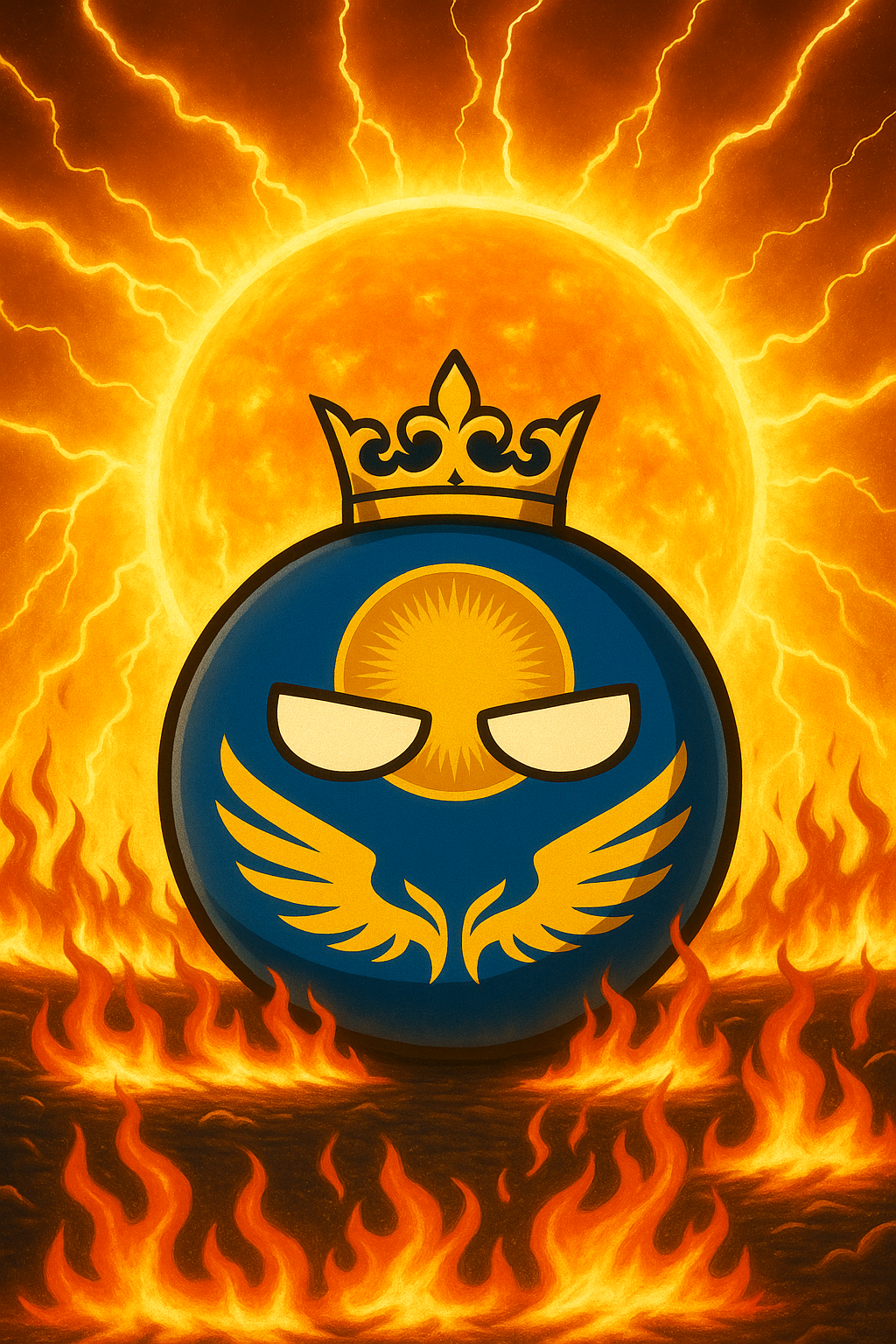 A cartoon-style emoji face with sunglasses, a crown, and a phoenix design, set against a fiery background with lightning.