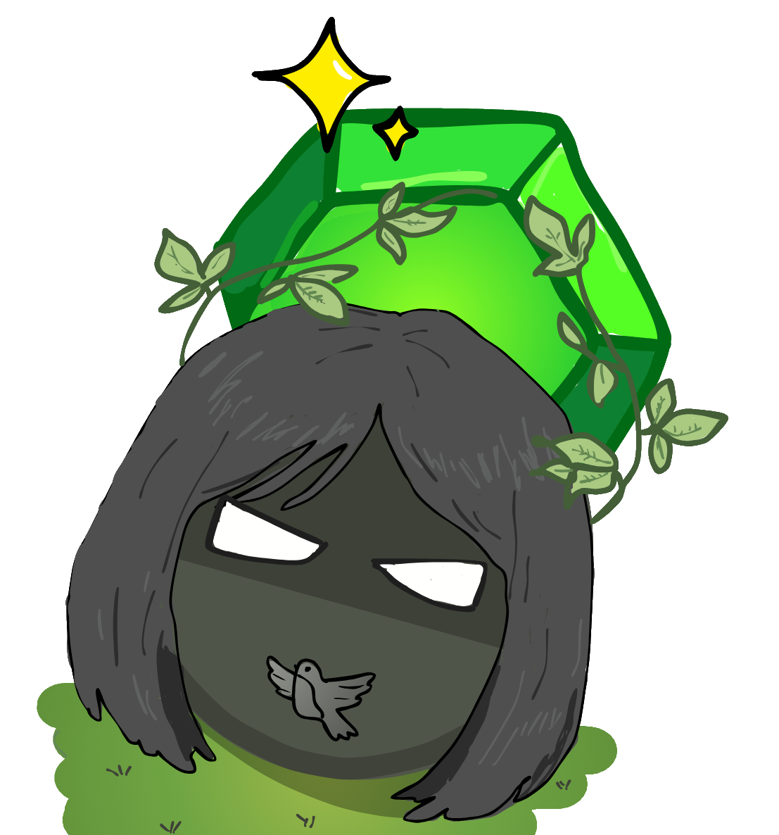 Cartoon drawing of a dark gray rock with long black hair, white eyes, and a small bird symbol on its face, surrounded by a large green gemstone with vines and leaves growing around it, and two shining stars above.