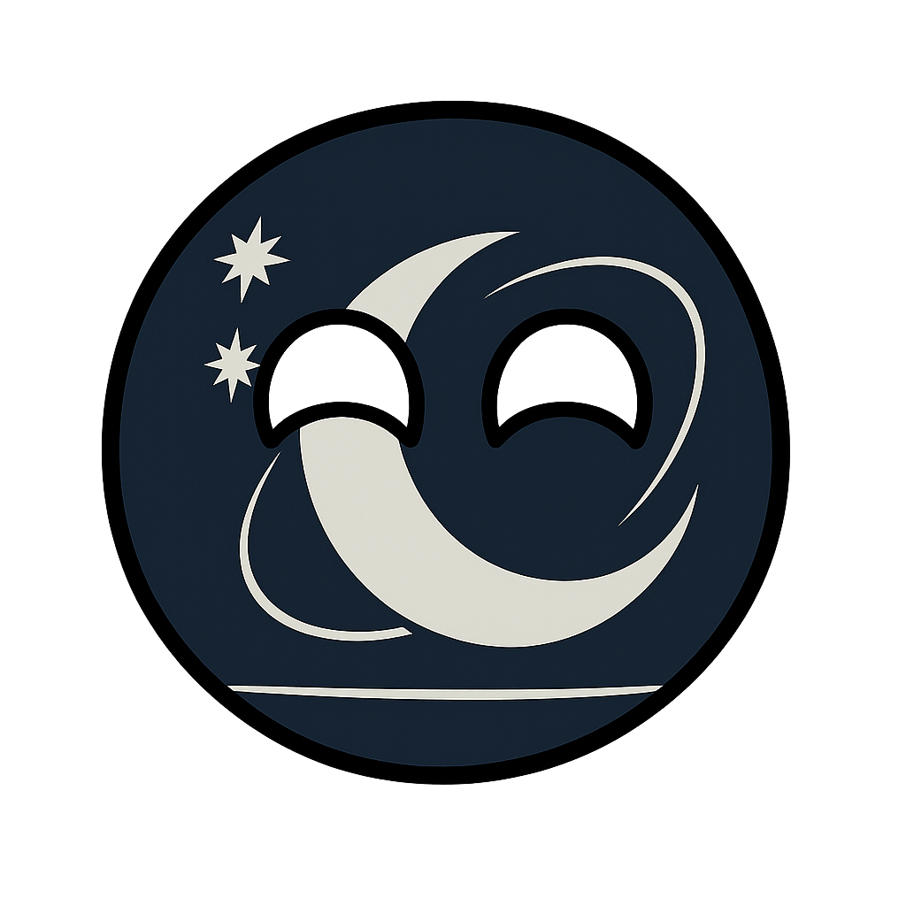 A cartoon constellation of a smiling moon face with closed, happy eyes, and two stars in a dark night sky.