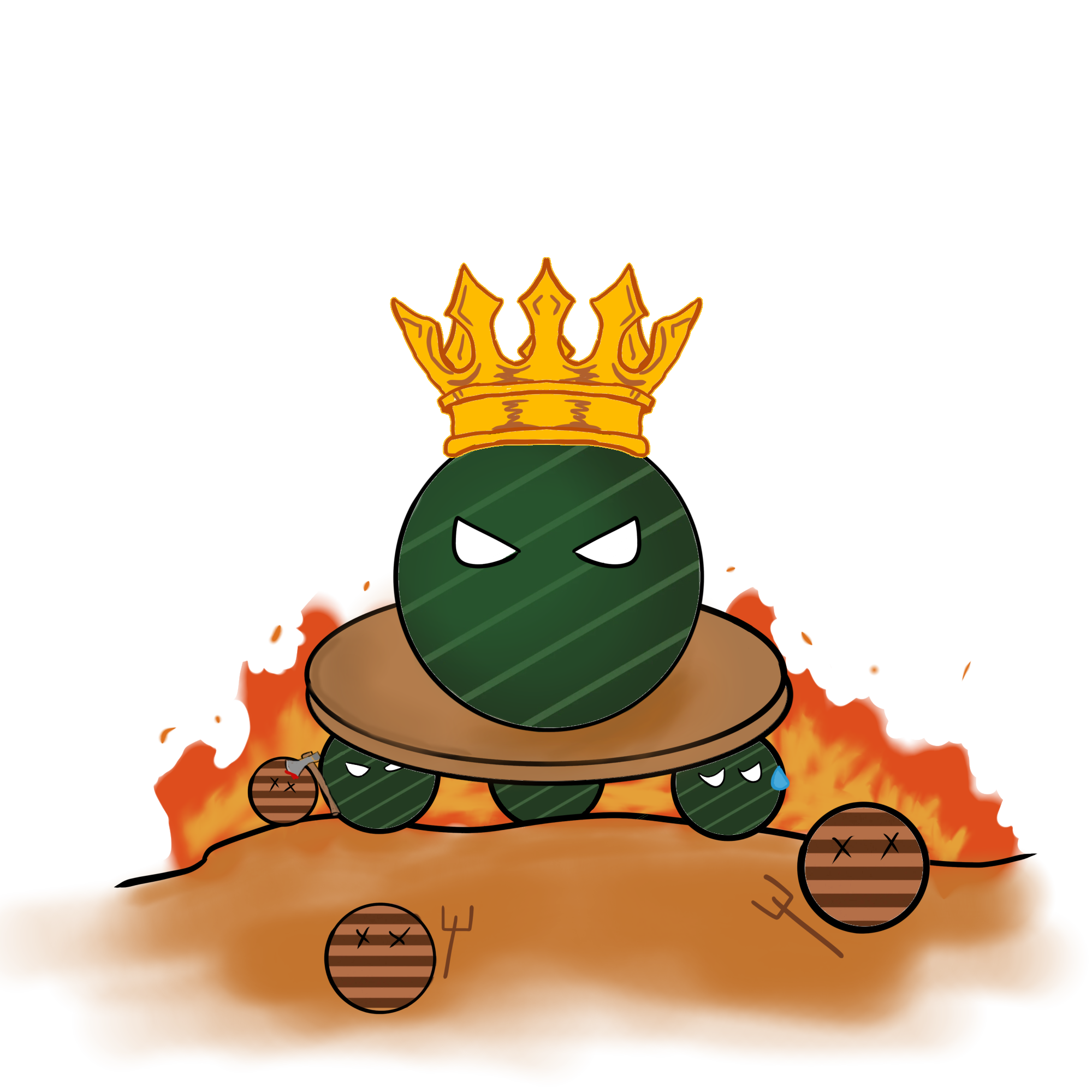 A cartoon illustration of a military-style bomb with a green body, horned helmet, and a crown on top. The bomb has angry eyes and is resting on a turtle shell, with smaller bombs and bombs with crossed-out eyes around it. The background includes a fiery landscape and a yellow and red flag.