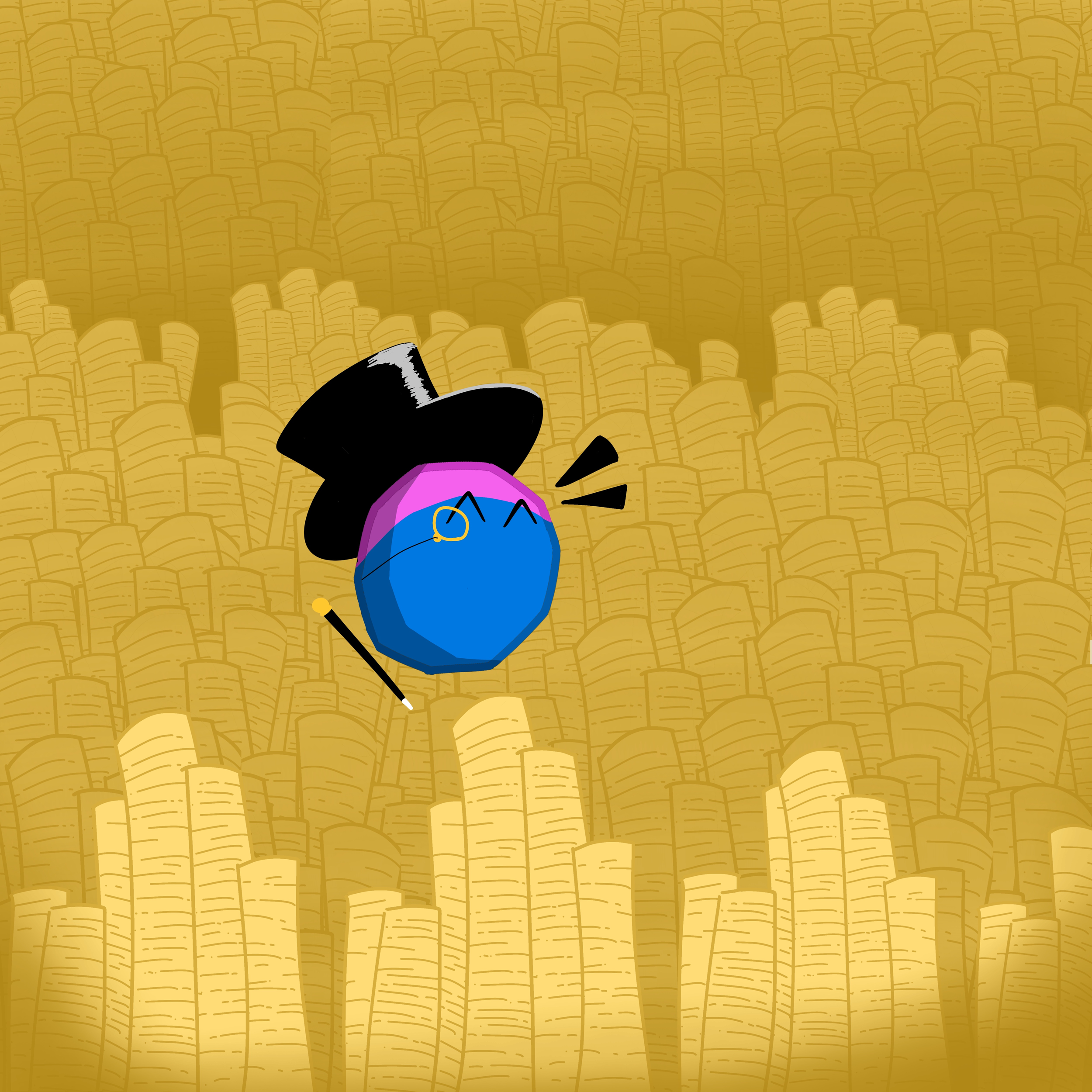 A blue sphere with facial features, wearing a black hat, glasses, and holding a black cane, standing in a field of tall, yellow, cylindrical objects.