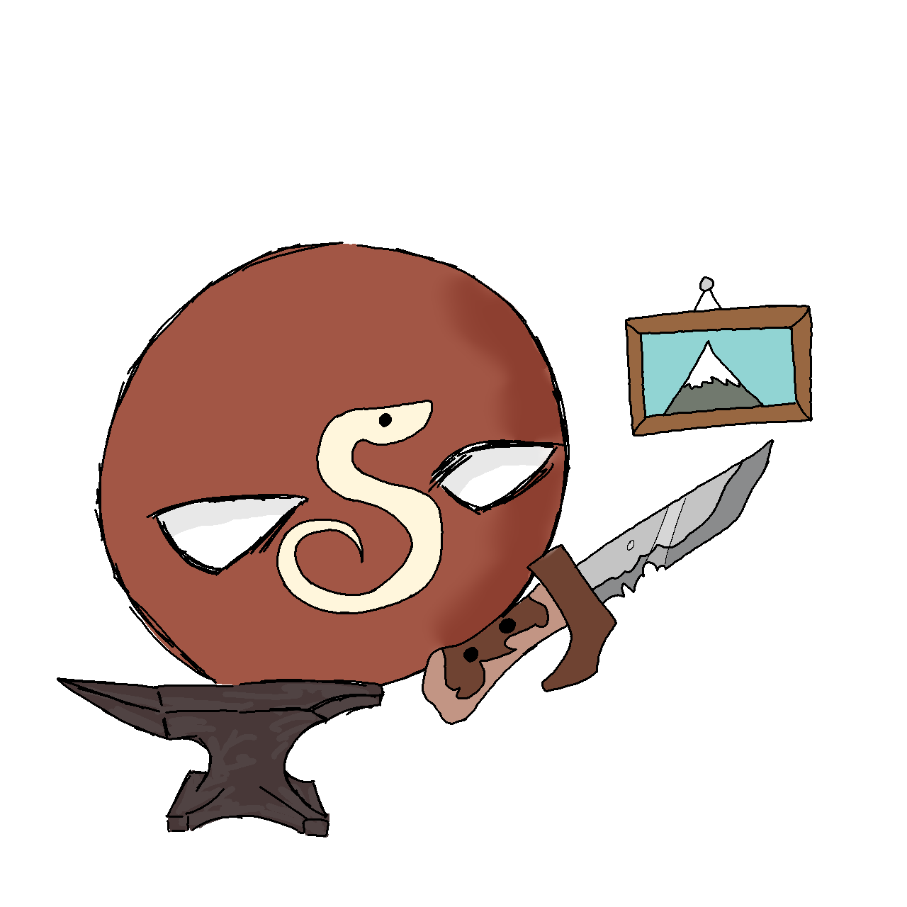 Illustration of a brown dragon with a round body and a white serpent in the center, sitting on a wooden stand, holding a sword, with a framed picture of a mountain in the background.