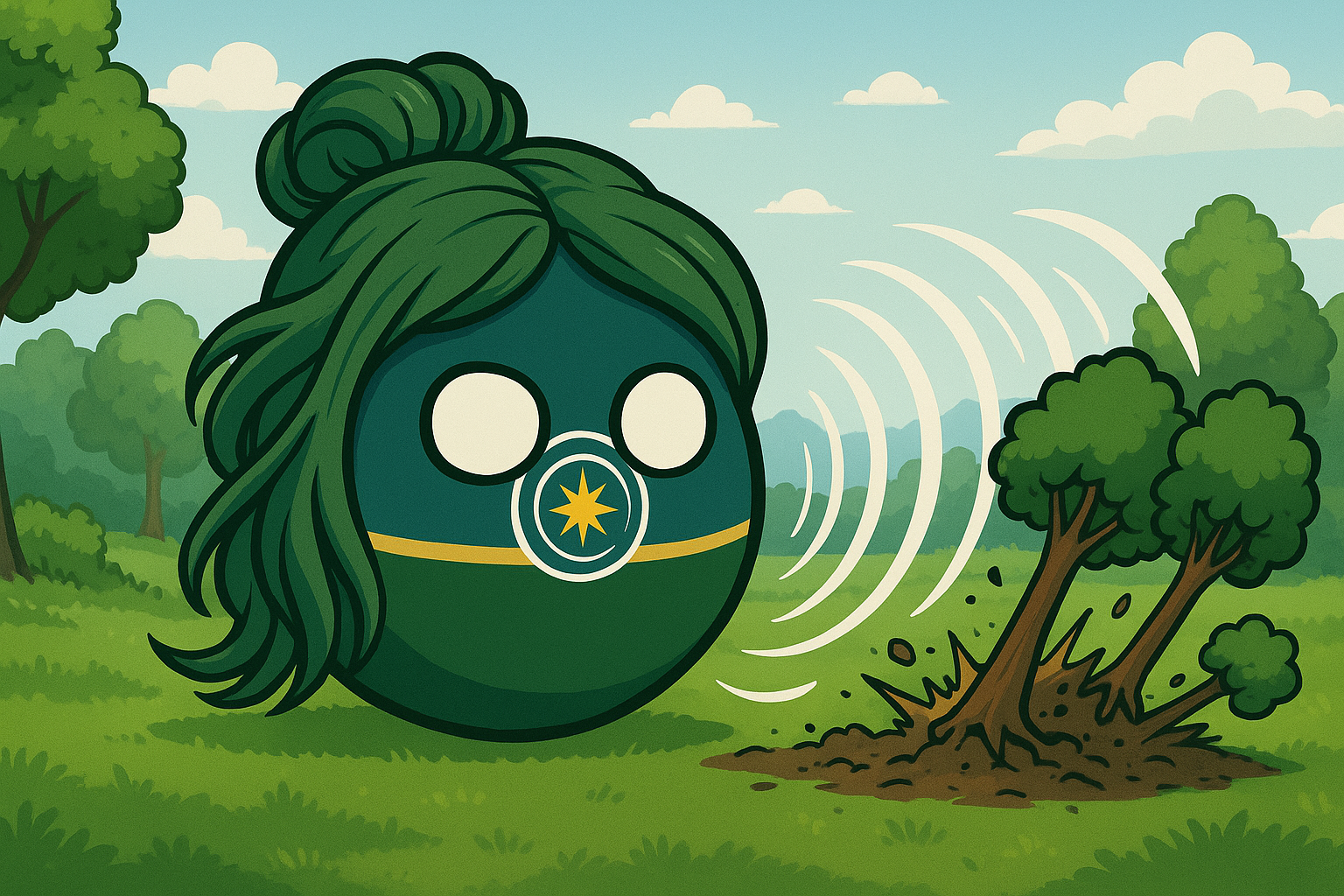 A cartoon character with a round, dark green body, long green hair, and a face with no eyes, wearing a mask with a yellow star, is hitting a tree in a lush green forest clearing, causing it to fall and scatter dirt.