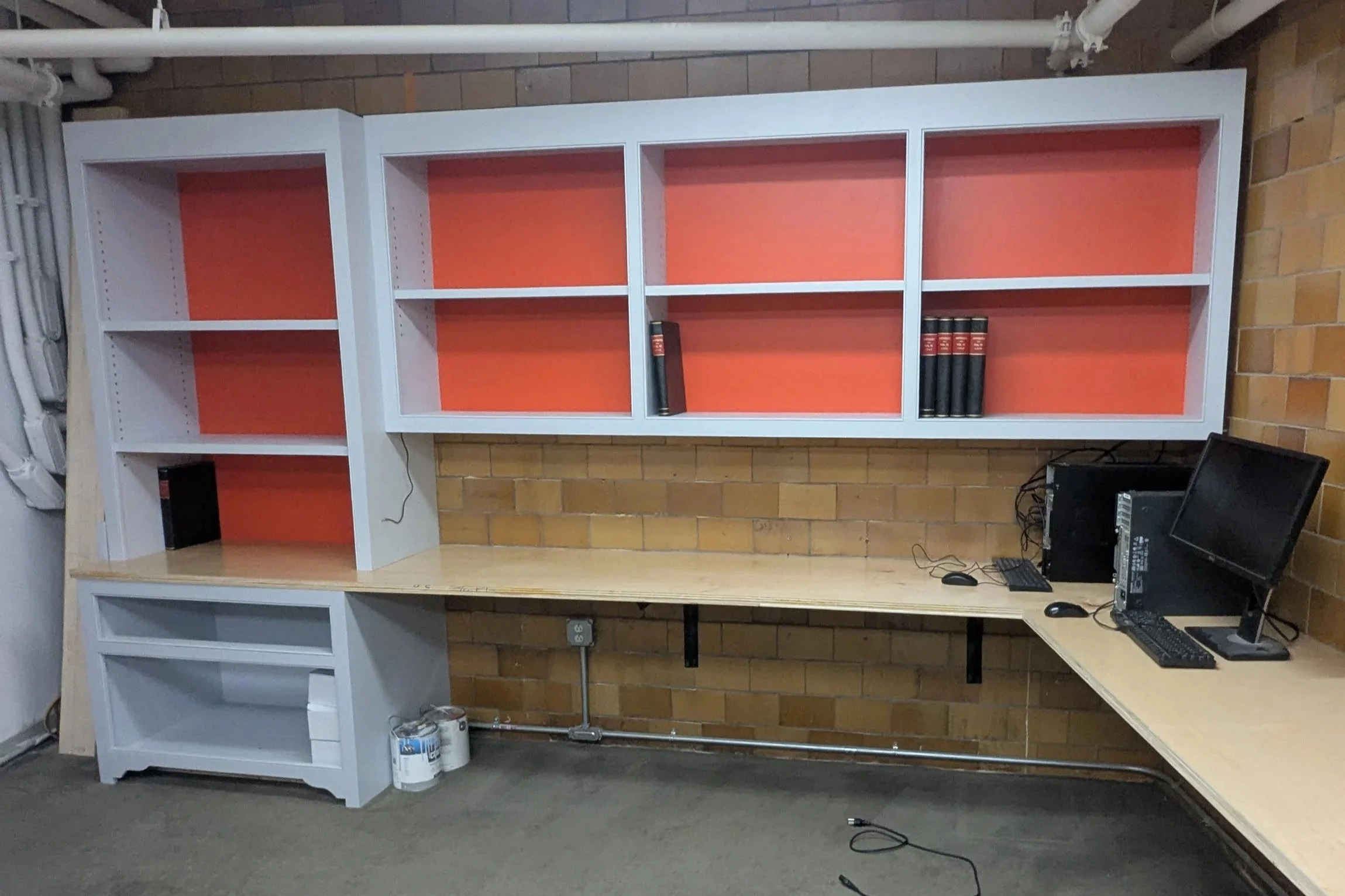 Installed and nearly finished, 5 cabinets and a counter