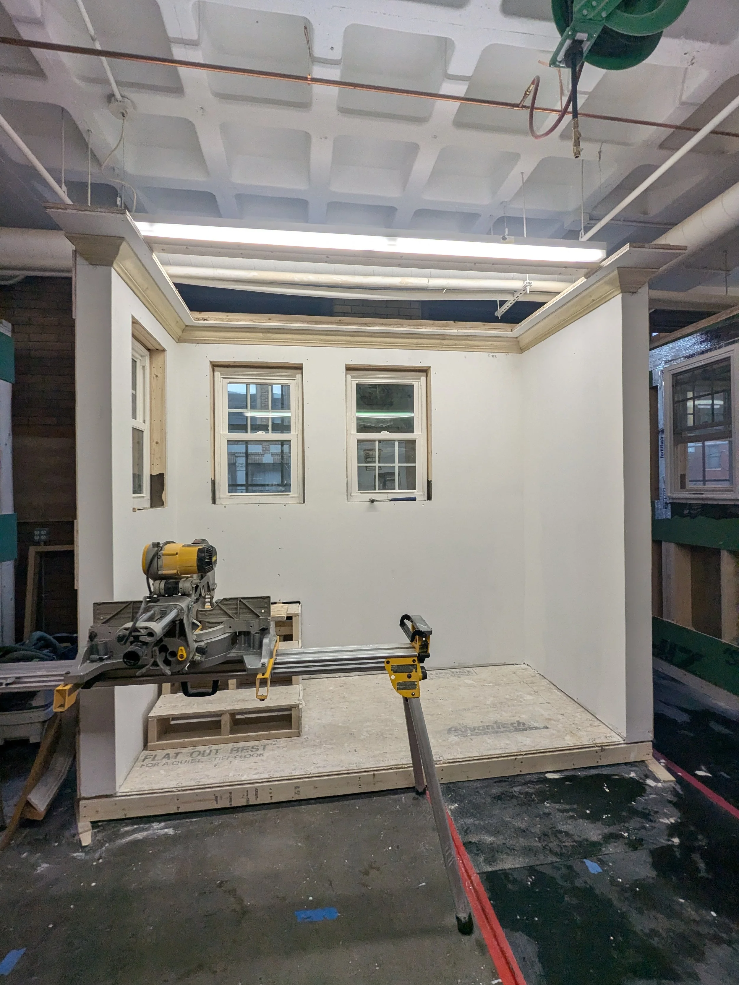 Interior progress with crown moulding