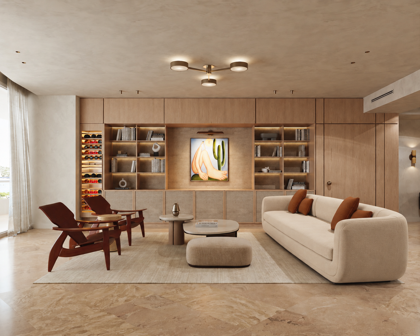 Curved sand sofa anchors living room.png
