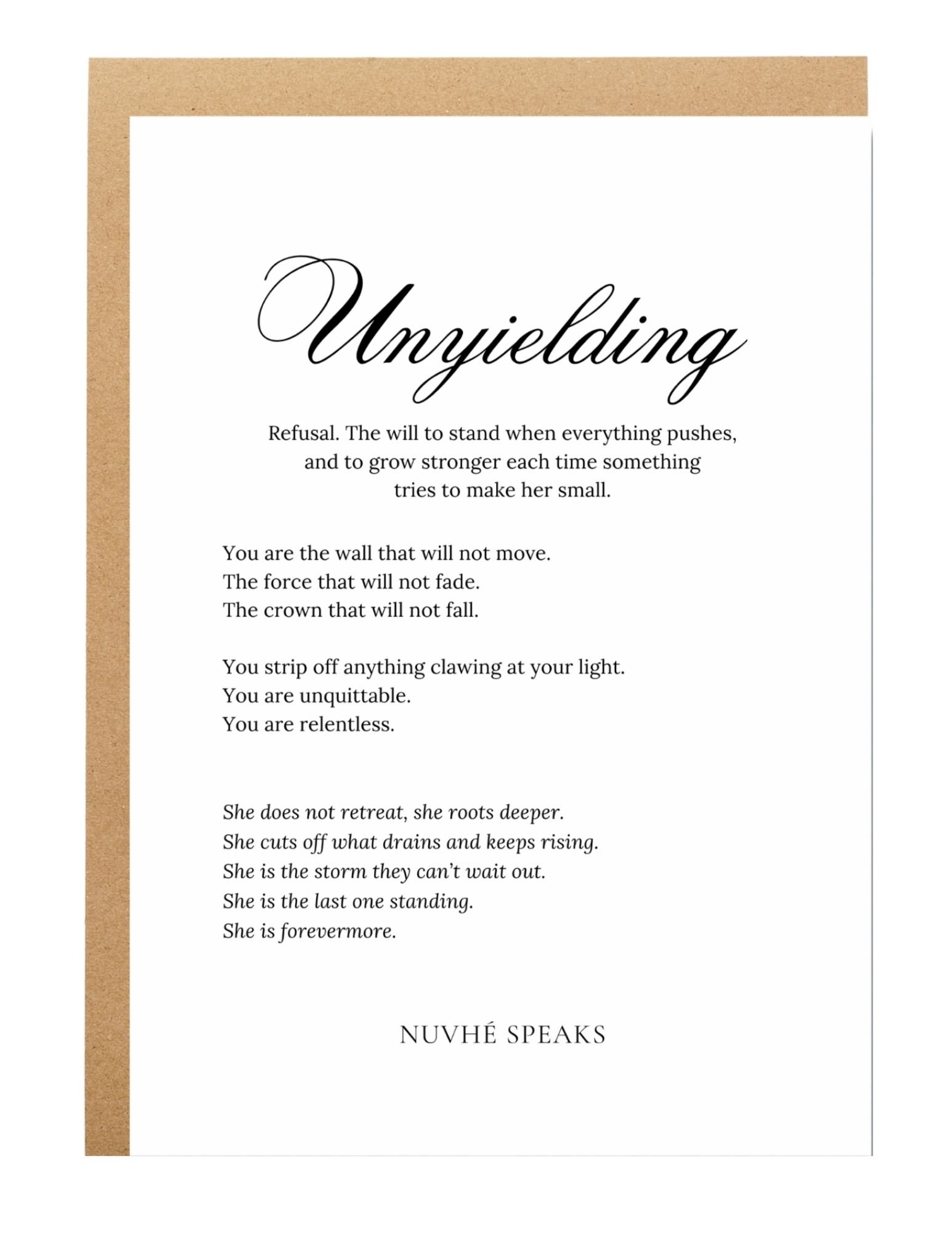 unyielding quote empowering women greeting card by nuvhe speaks
