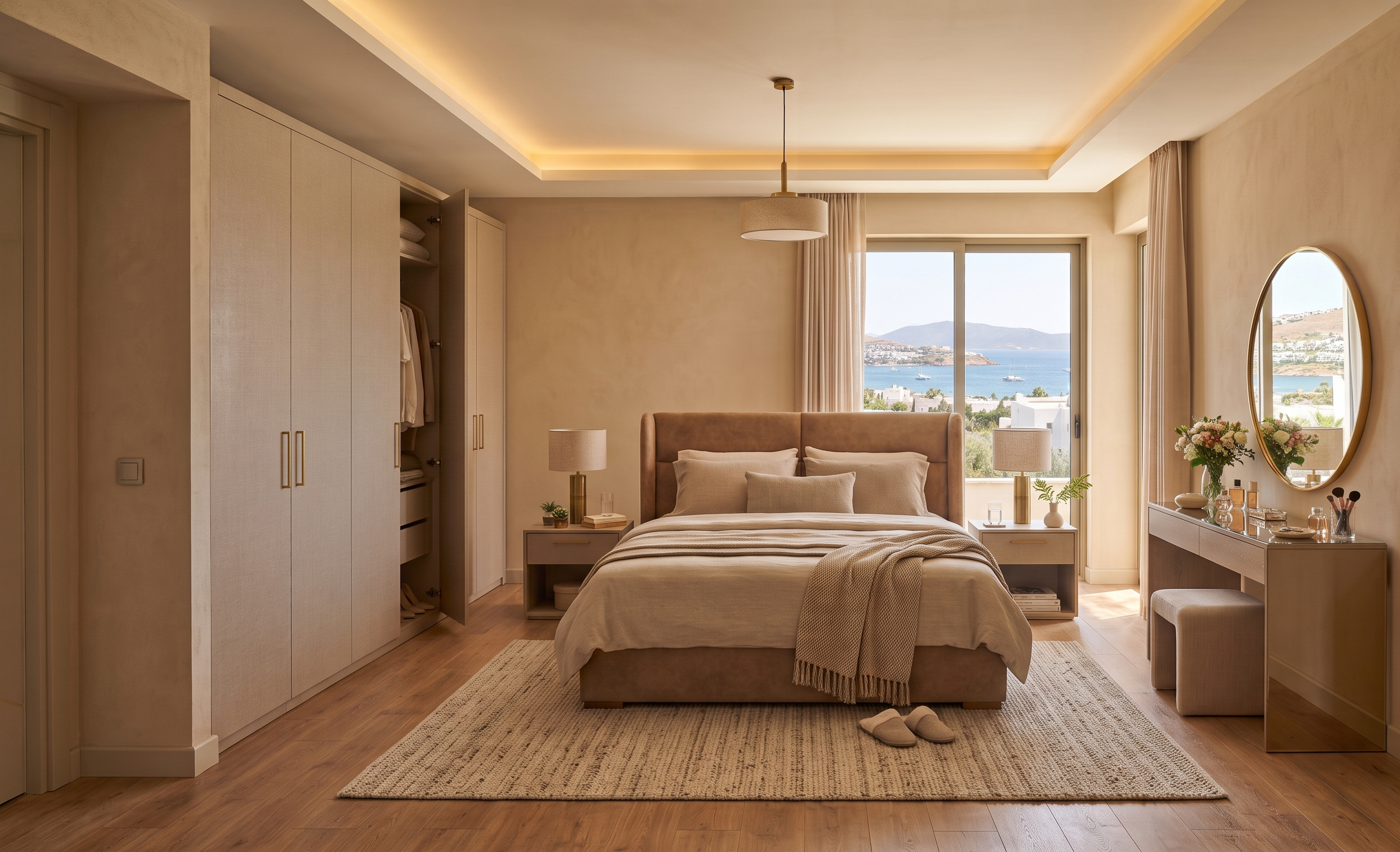 Deniz manzaralı modern yatak odası, açık renk tonları, yatakta yastıklar ve battaniye, yanlardaki komodinlerde lambalar, büyük pencereden deniz ve kıyı görünümü.