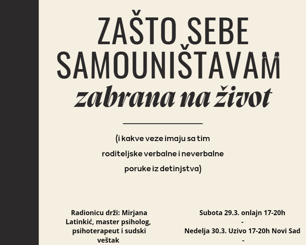 A flyer in Serbian language explaining concept of bans in Transactional analysis, with details about a workshop led by psychologist Mirjana Latinčić scheduled for the end of March.