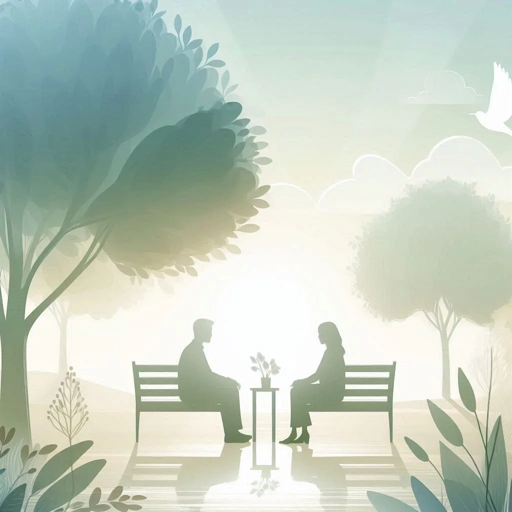 Silhouettes of a man and a woman sitting on separate benches facing each other with a small table and a flower pot in between, surrounded by trees, with a dove flying in the sky.