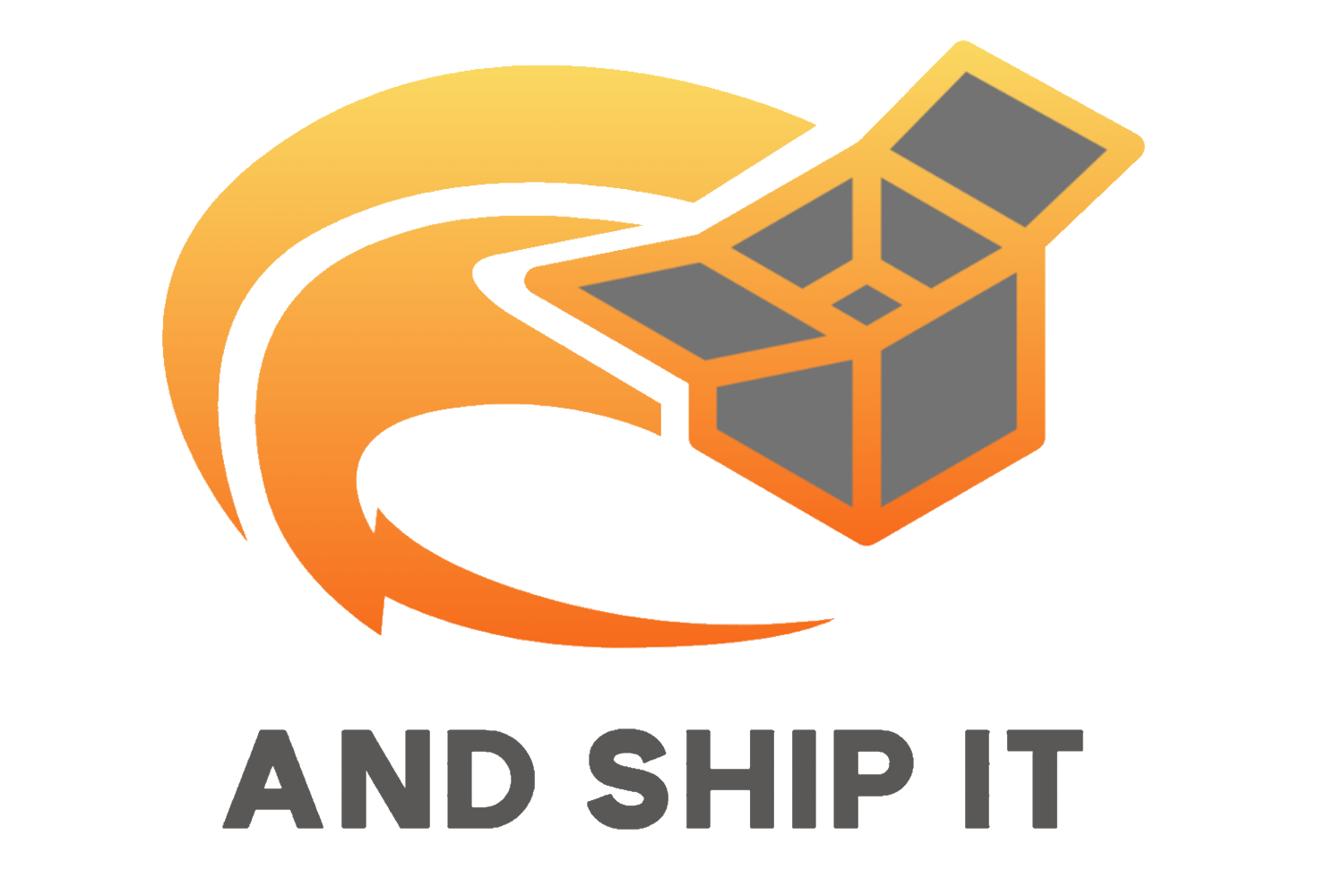 A logo with a stylized orange and yellow swirl and a 3D gray cube, with the text 'AND SHIP' below.