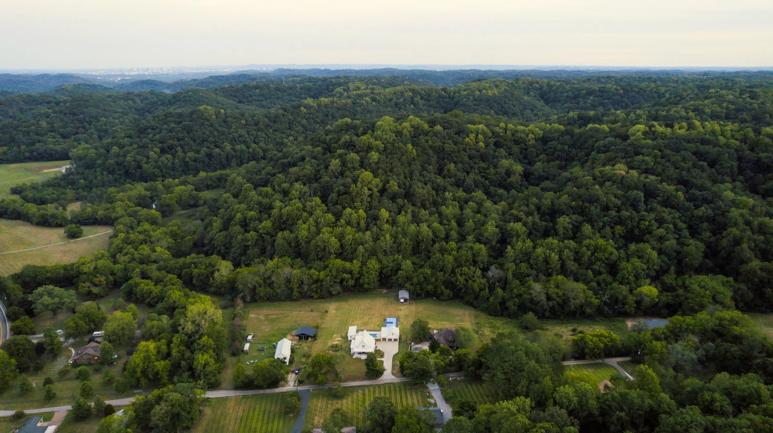 Aerial view of a residential neighborhood with a house, yard, and trees, surrounded by a dense forest in the background.