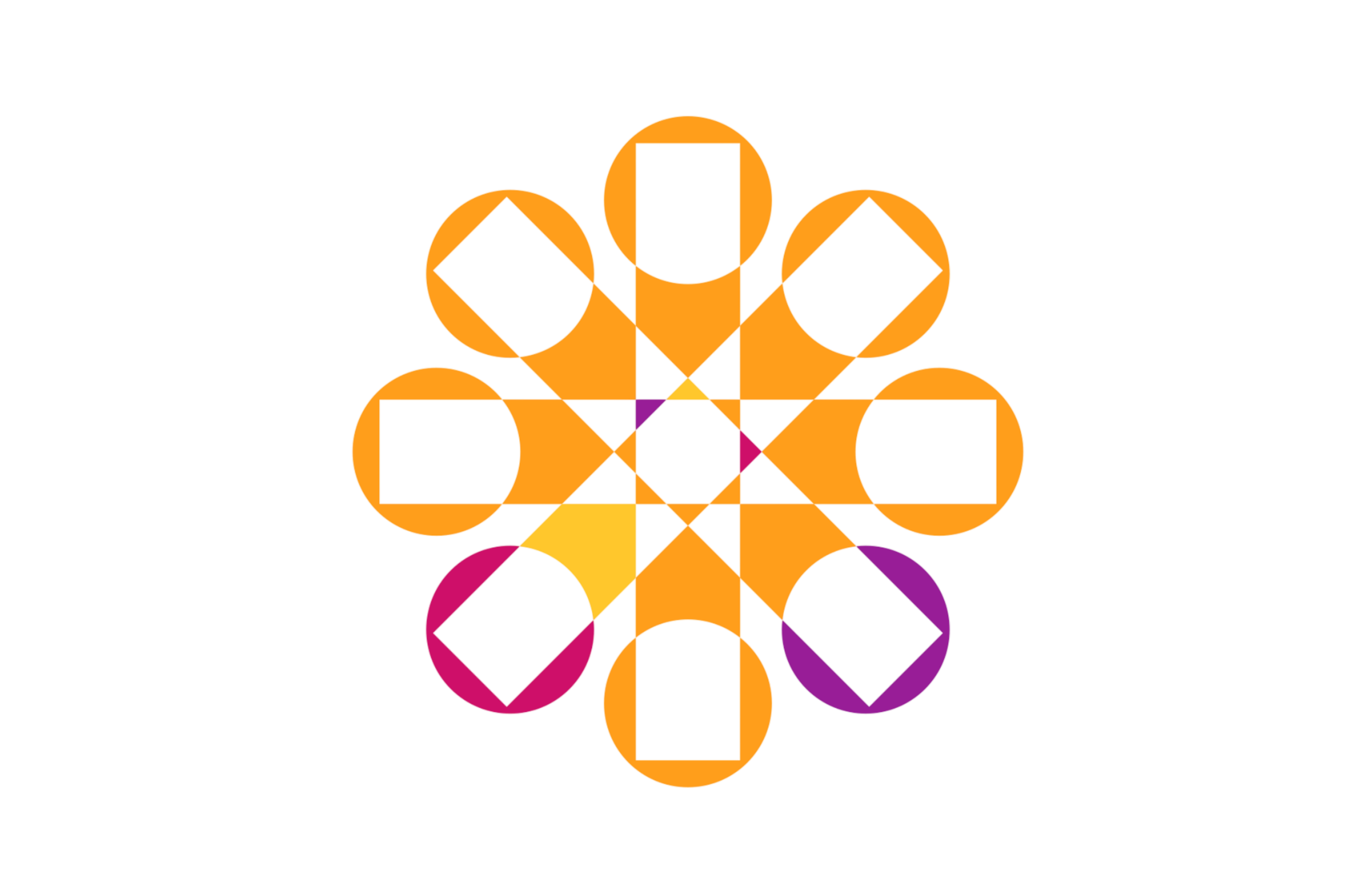 A diagram with a central red octagon surrounded by eight orange circles, with smaller purple and pink elements, connected by lines. Indoor playground located at Kensington Valley Outlets Howell MI.