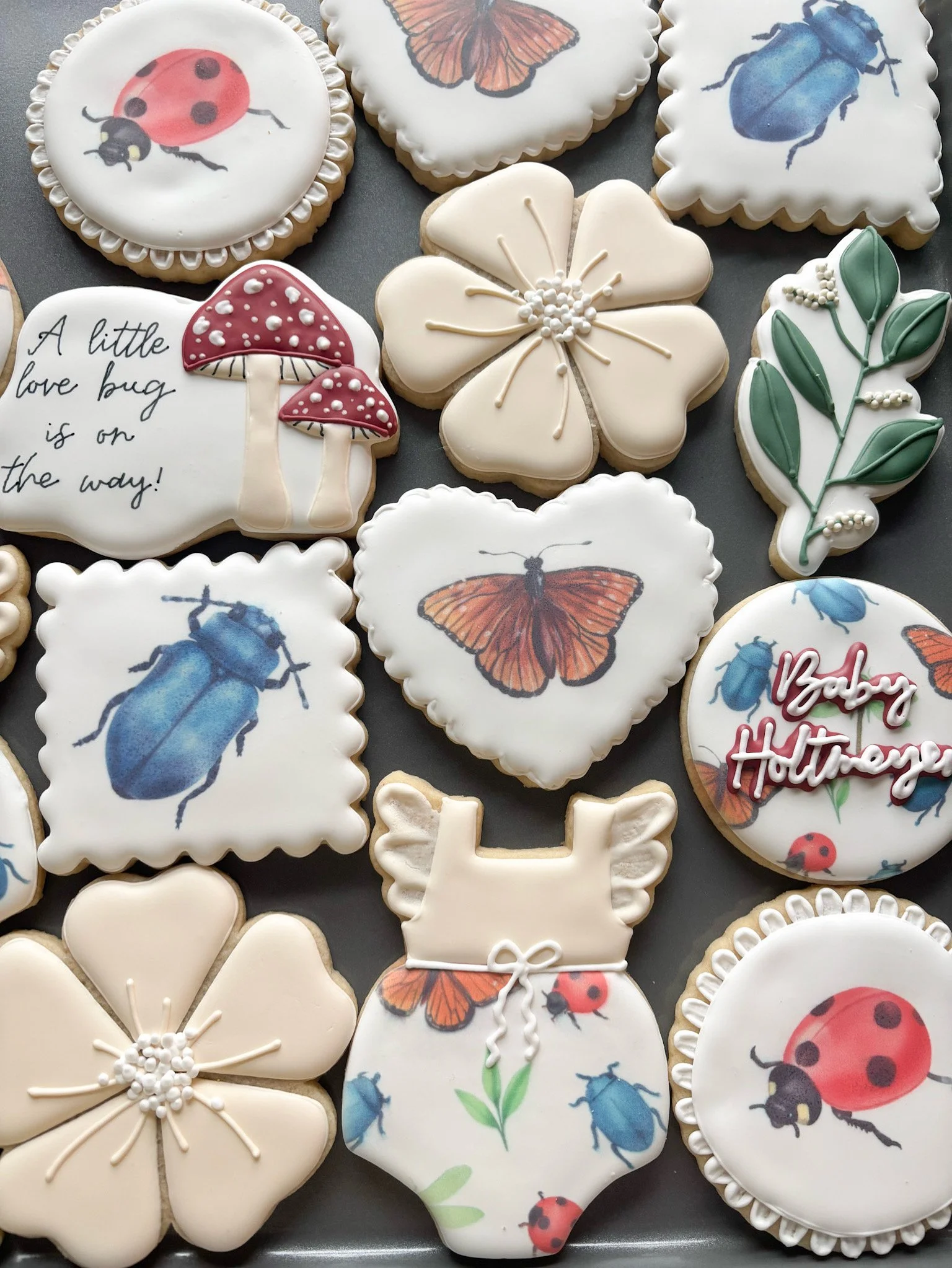 Decorated cookies with ladybugs, butterflies, mushrooms, flowers, and leaves, including a cookie with "Baby Hutton" written on it.
