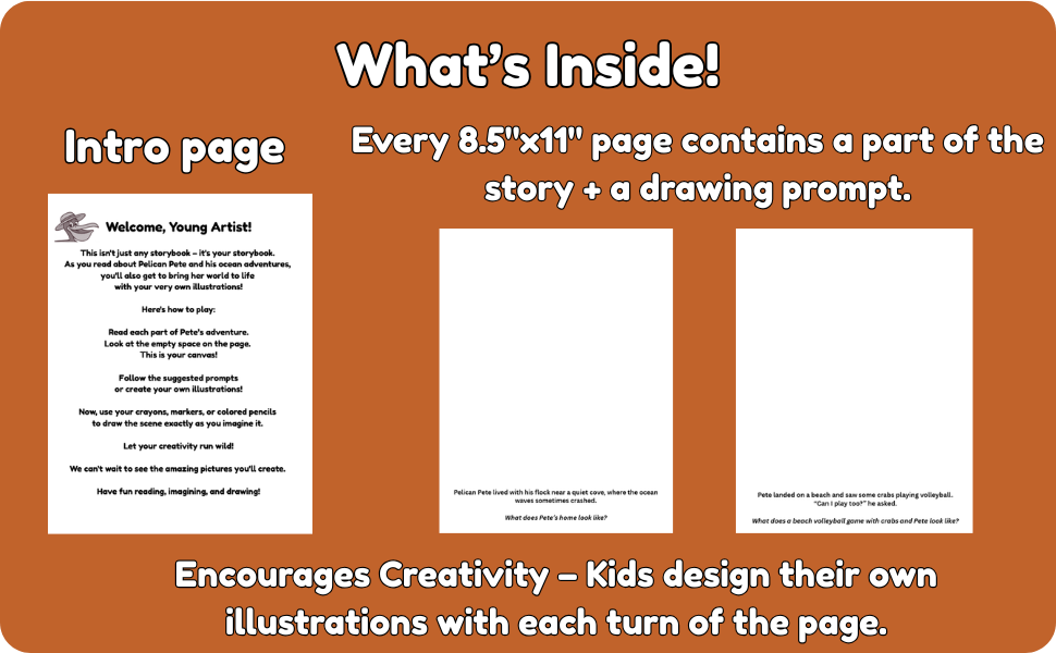 A colorful poster explaining a children's storytelling activity. It shows a sample intro page, an explanation that each 8.5x11 inch page has part of a story and a drawing prompt, and how kids can create their own illustrations. The poster encourages creativity and fun reading, imagining, and drawing.