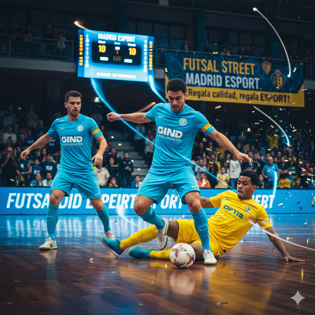 Jugadores de futsal en acción en una cancha de interior, con público en las gradas y pizarras electrónicas en el fondo, durante un partido, en ritmo dinámico y con efectos visuales de luces.
