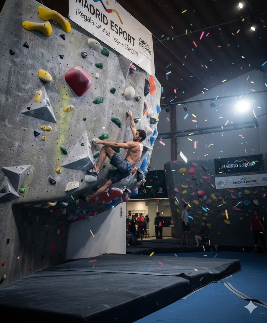 Persona haciendo boulder en pared de escalada con paracaídas de confeti y cartel que dice 'Madrid Esport'.