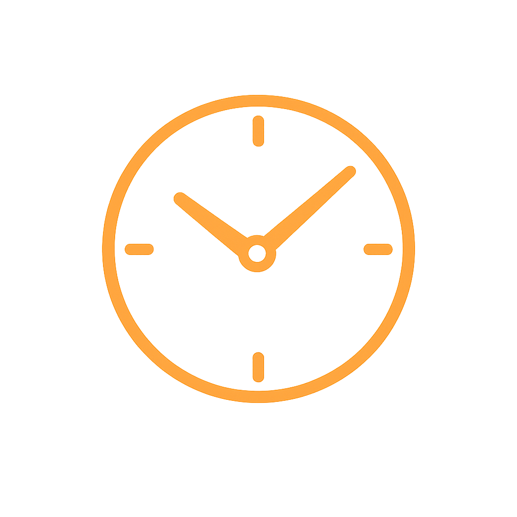 An orange clock displaying the time as 10:08, with a black background.