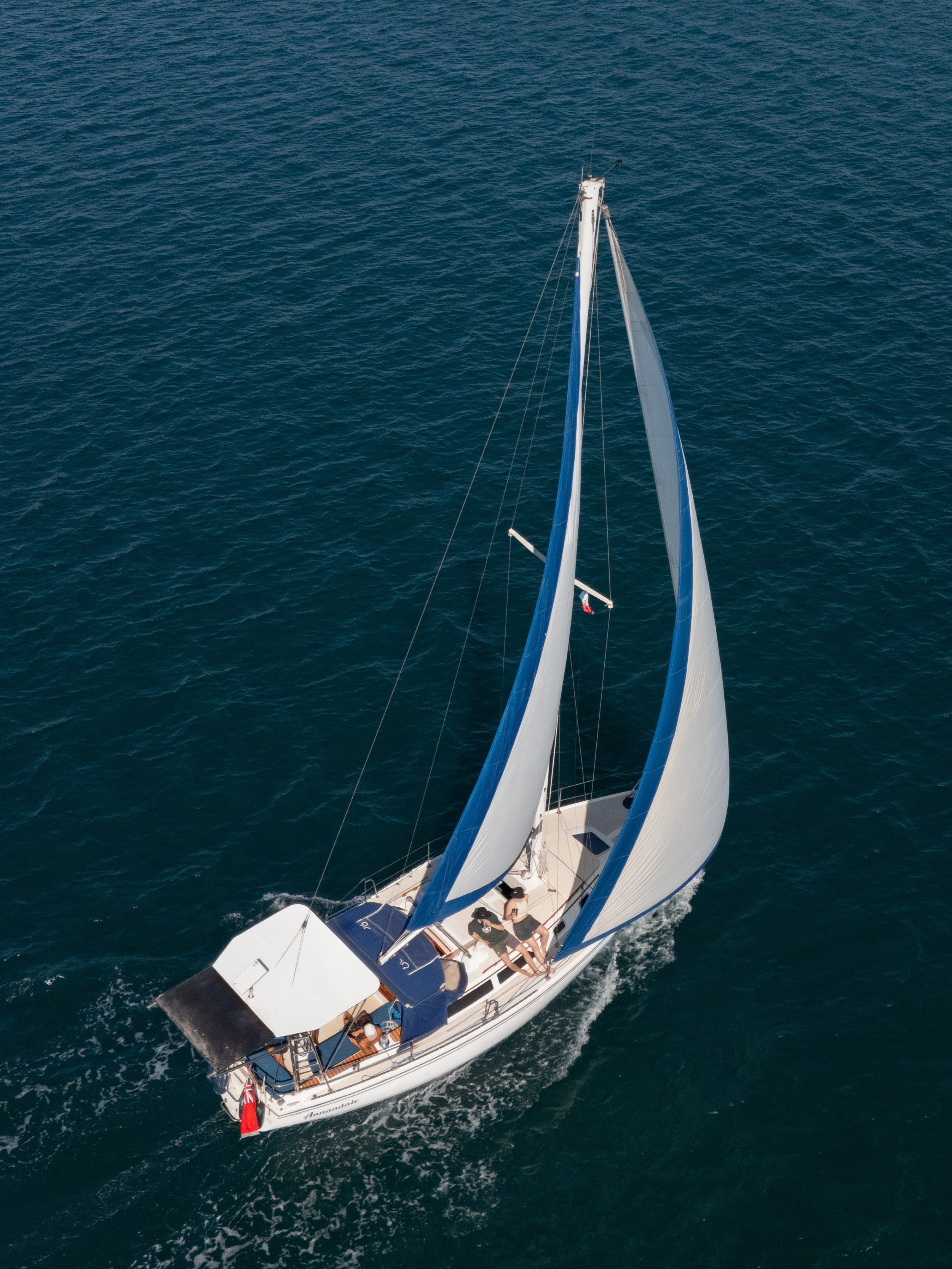 A sailboat with white sails and people on board is sailing on the ocean.