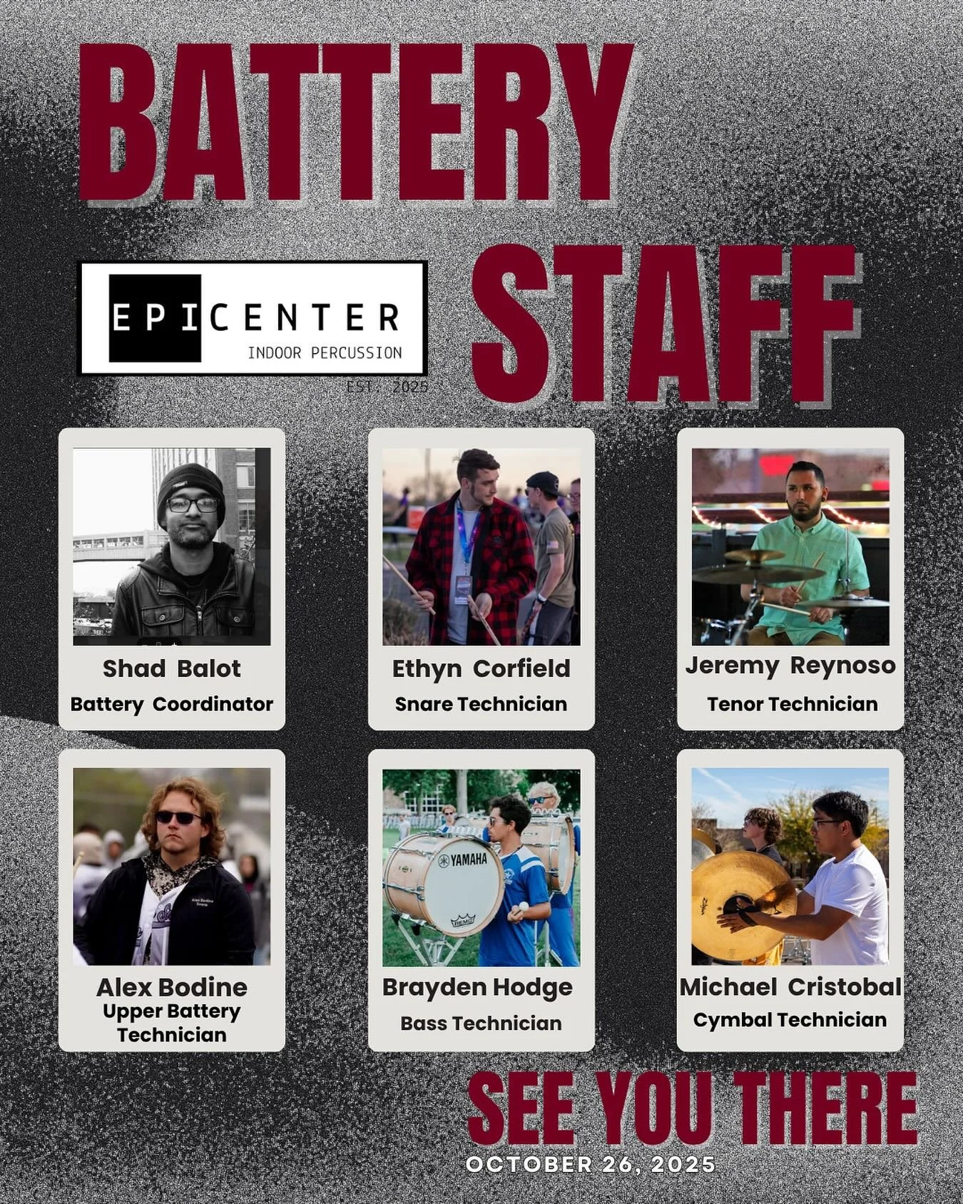 We want to welcome our fantastic battery staff! Focused on education and execution, our battery staff is ready to help you become the greatest musician you can! Read their bios and register for auditions today at the link in our bio! #wgi #wgaz