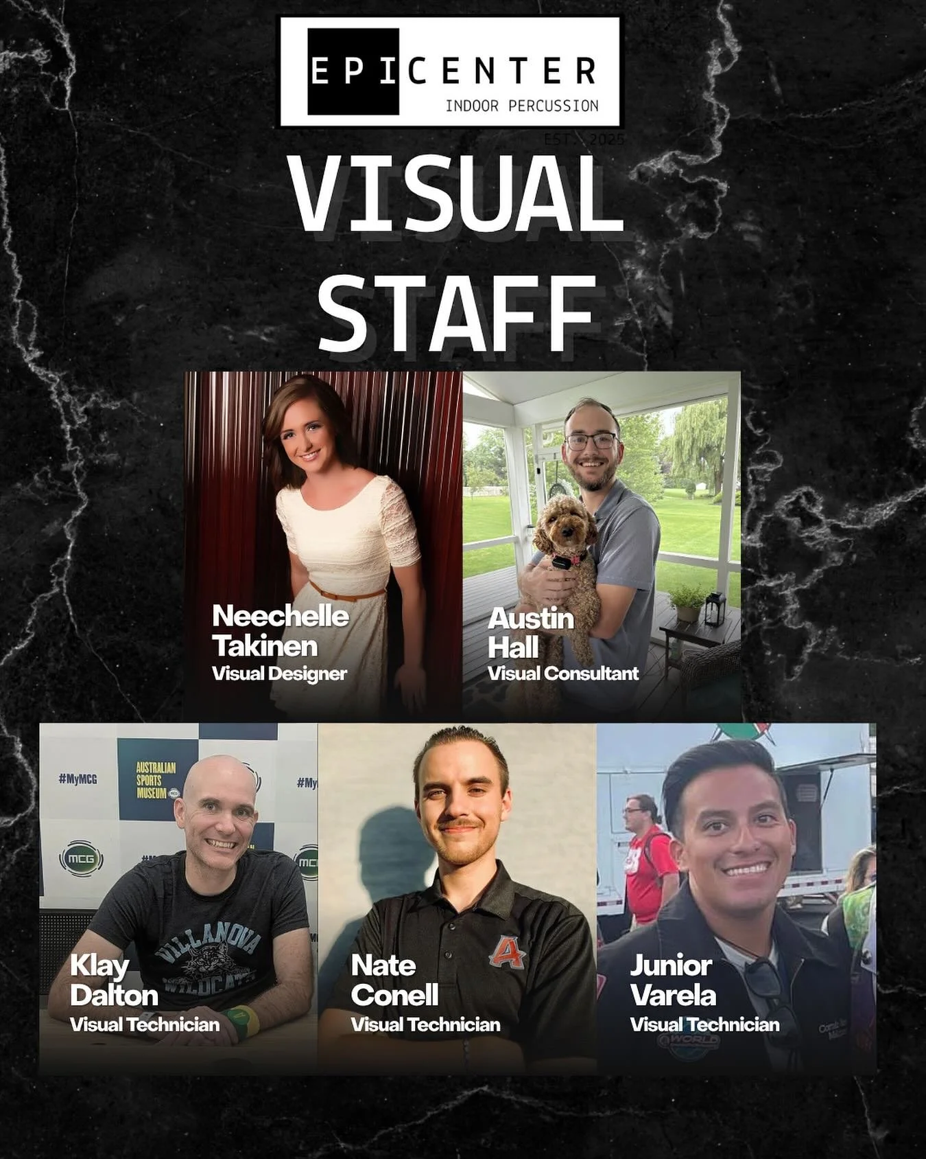 Please help us welcome the 2026 visual staff to Epicenter Indoor Percussion!

Register for auditions today at the link in our bio! #wgi #wgaz #indoorpercussion