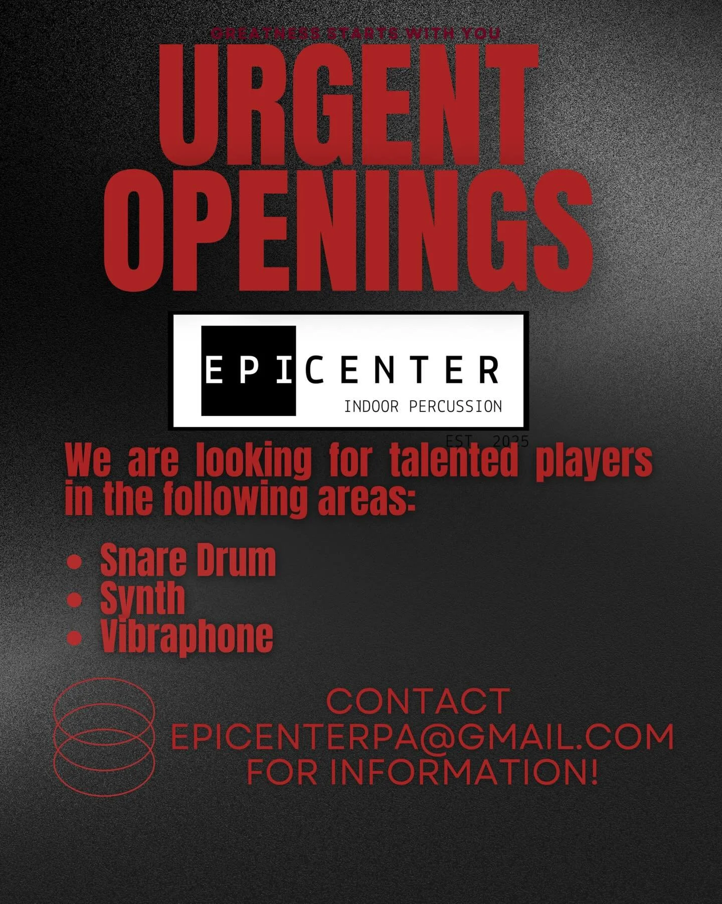 We&rsquo;ve recently had some urgent openings in the following sections: snare drum, vibraphone, and synth. If you are interested in performing in one of the following areas, it isn&rsquo;t too late to get involved! Reach out to epicenterpa@gmail.com