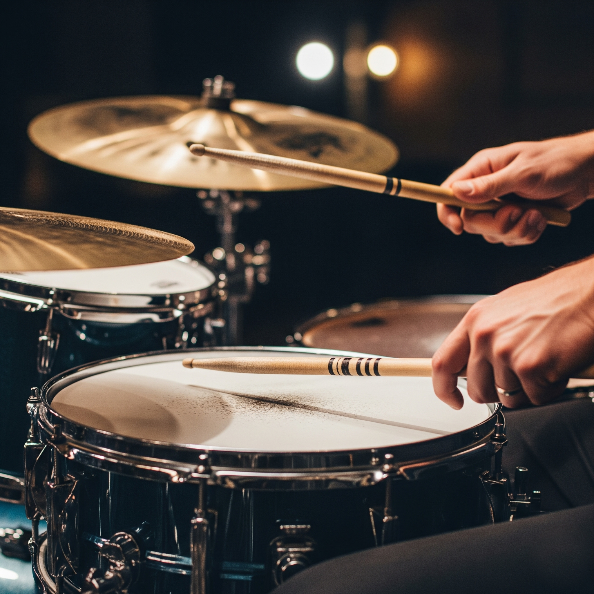 Close-up of a person's hands playing a drum set, with sticks striking the snare drum and cymbals visible in a dark setting.