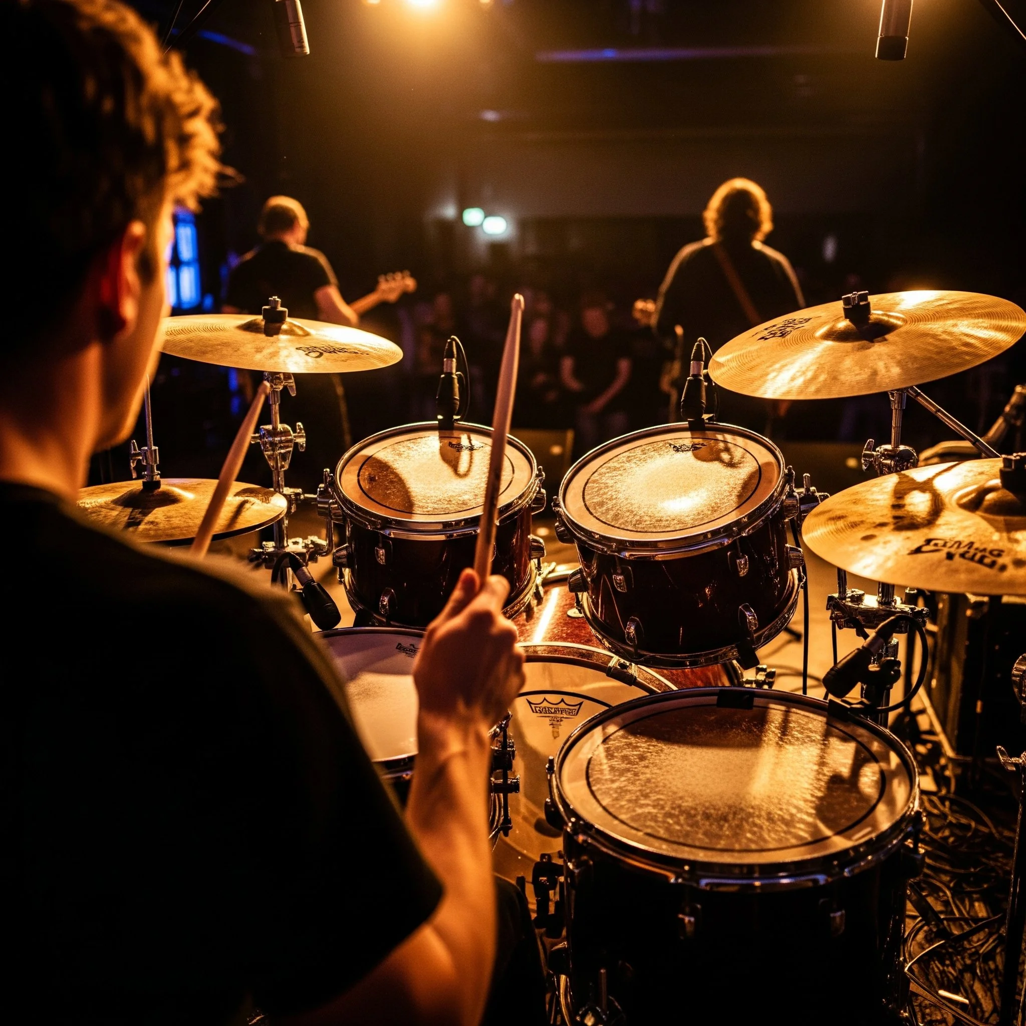 View of a drummer on stage with a band performing in the background during a live concert, illuminated by warm stage lighting.