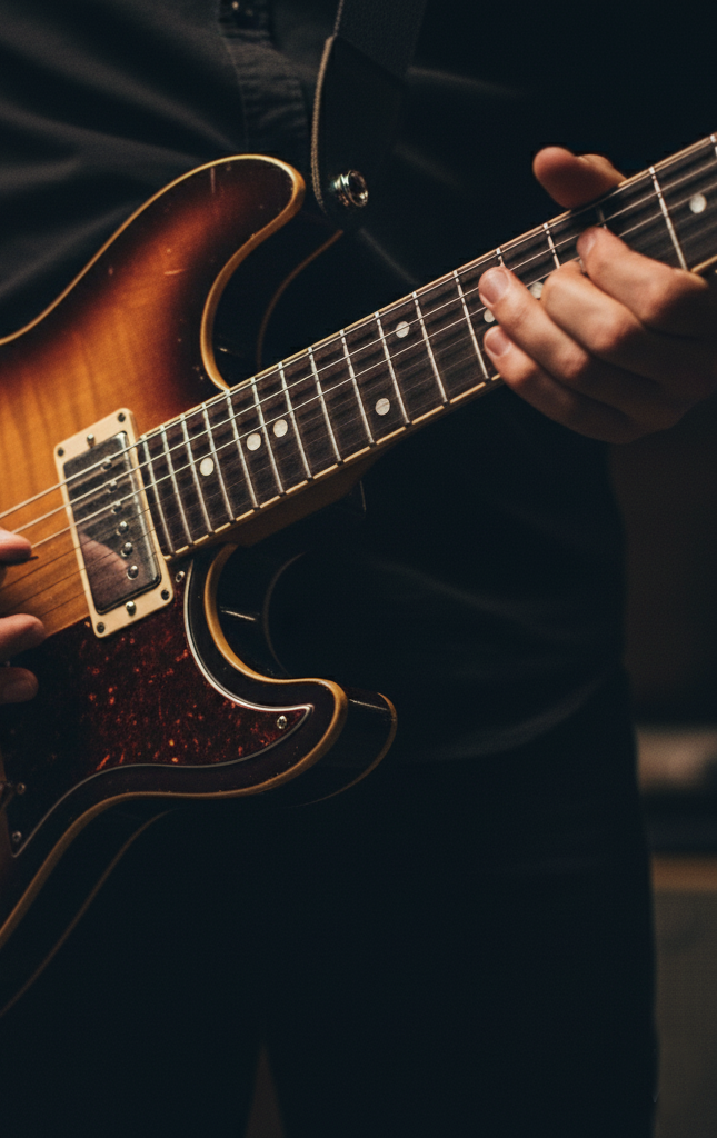 Close-up of a person playing an electric guitar with a sunburst finish, dark pickguard, and white pickup, in a dark setting.