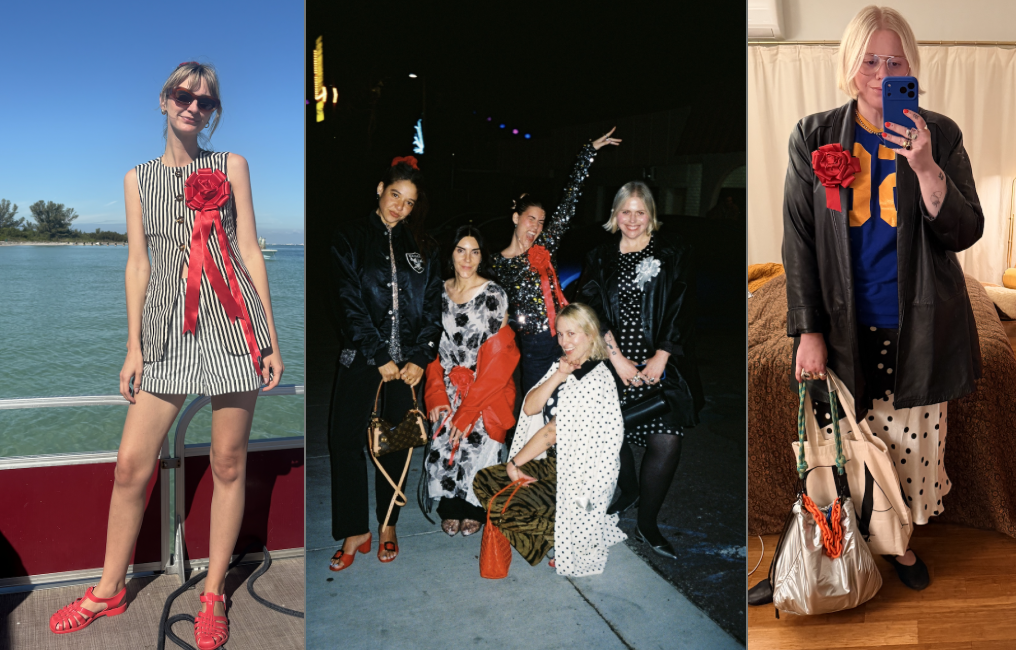 Three photos: First shows a woman in a striped dress with a red ribbon and sunglasses on a boat deck with water and trees in the background. Second depicts a group of women at night, dressed in fashionable outfits, posing and smiling outdoors. Third is of a woman taking a mirror selfie in a room, wearing a leather jacket, polka dot skirt, with a beige bag and holding a phone, with a bed and curtains behind her.