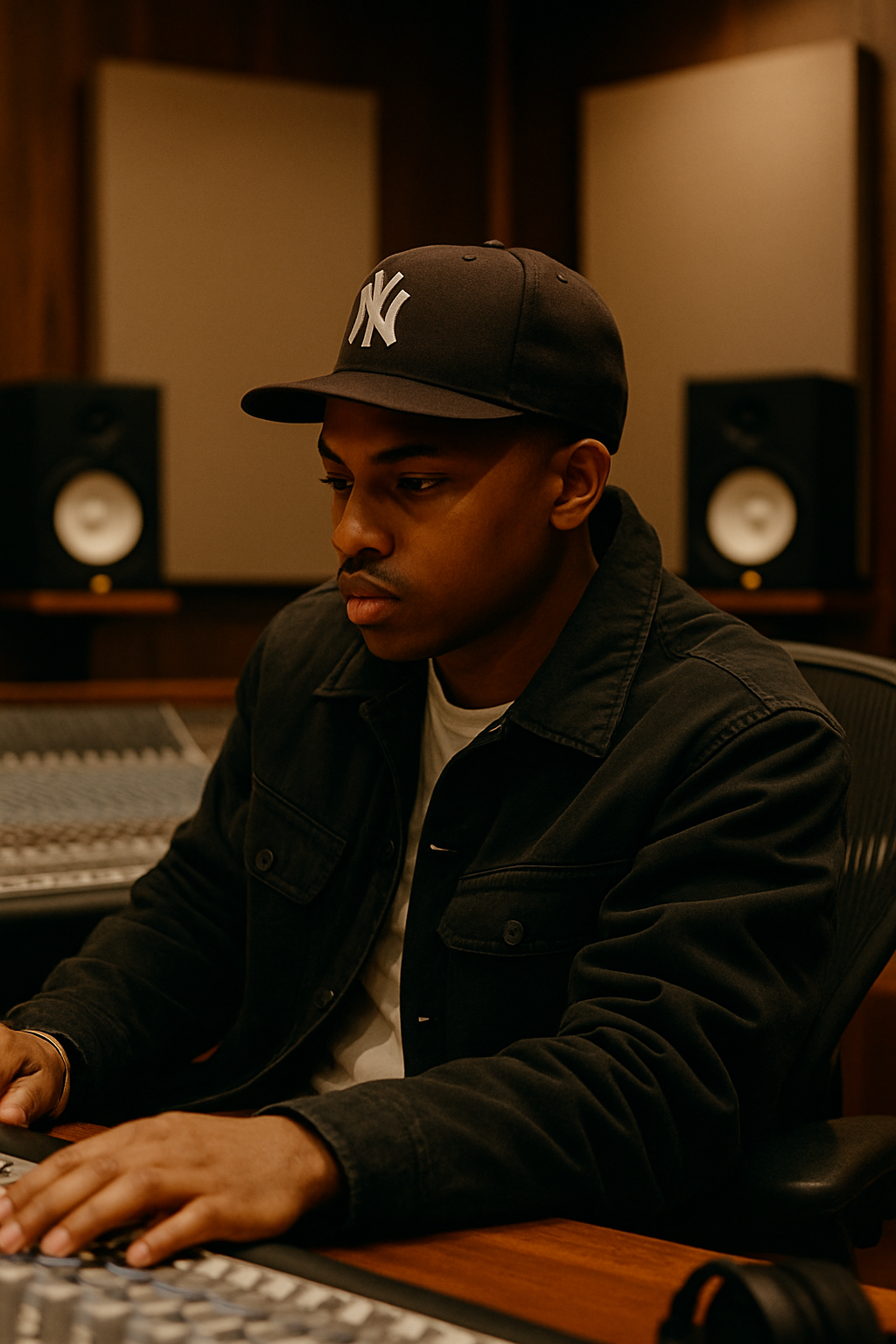 A young man wearing a black New York Yankees cap, black denim jacket, and white shirt, sitting in a recording studio with audio equipment and studio monitors in the background.