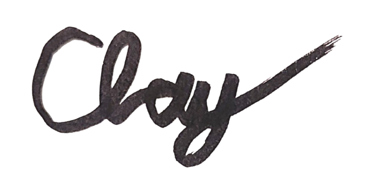 A black cursive signature reading "Clay" on a blank background.