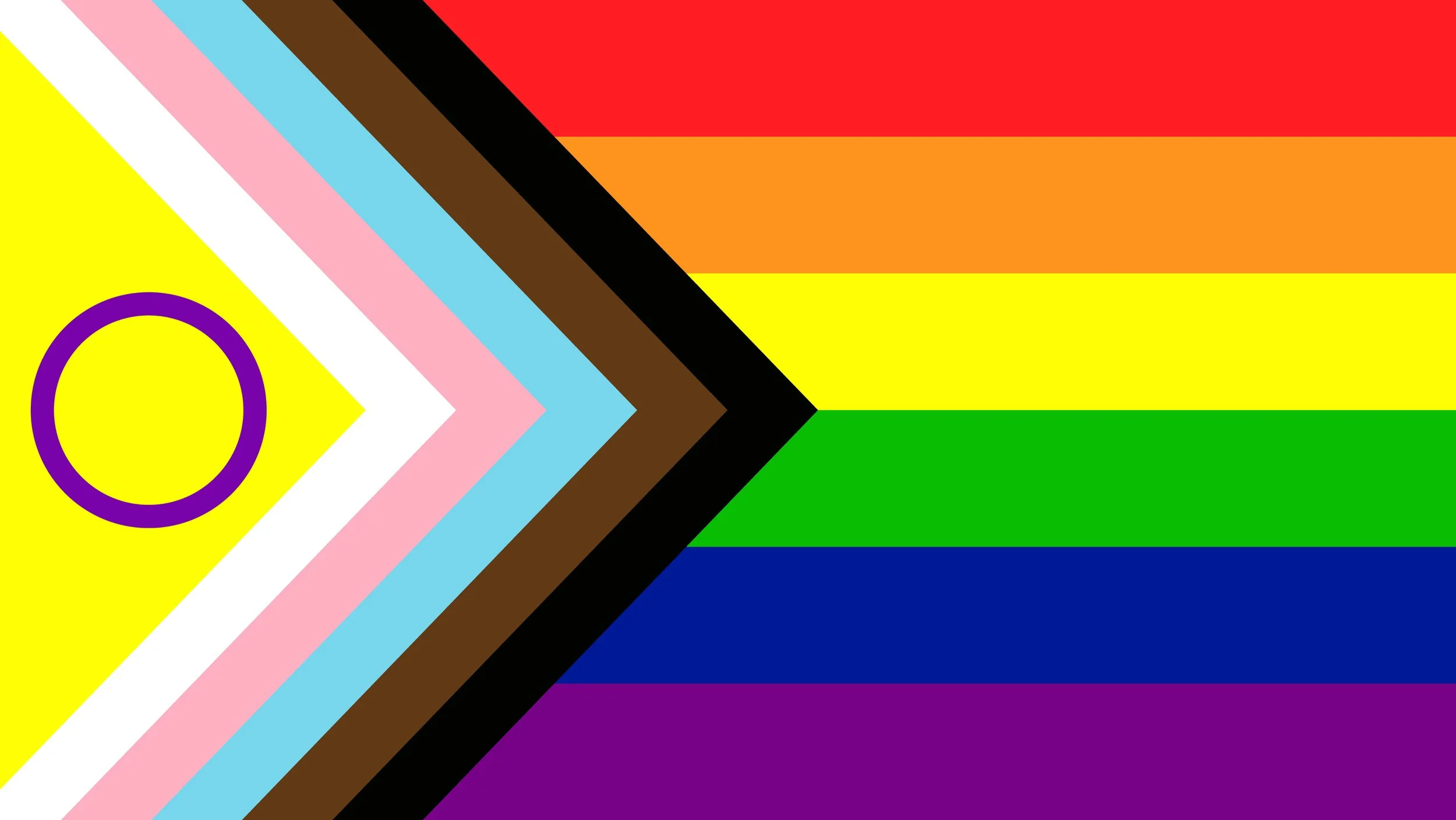 The current LGBTQ+ flag of Canada, representing the queer community including lesbian, gay, bisexual, pansexual, transgender, and intersex folks.