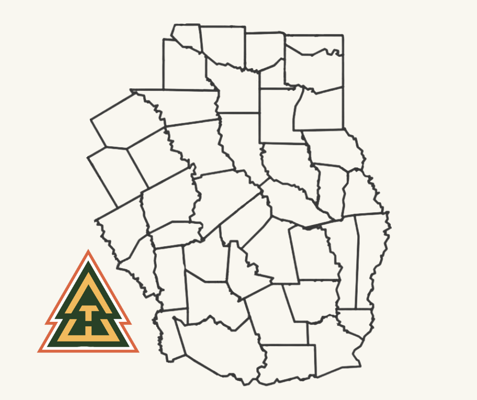 Outline map of the state of Georgia showing its counties with a green, orange, and black logo of a pine tree and a T in the bottom left corner.
