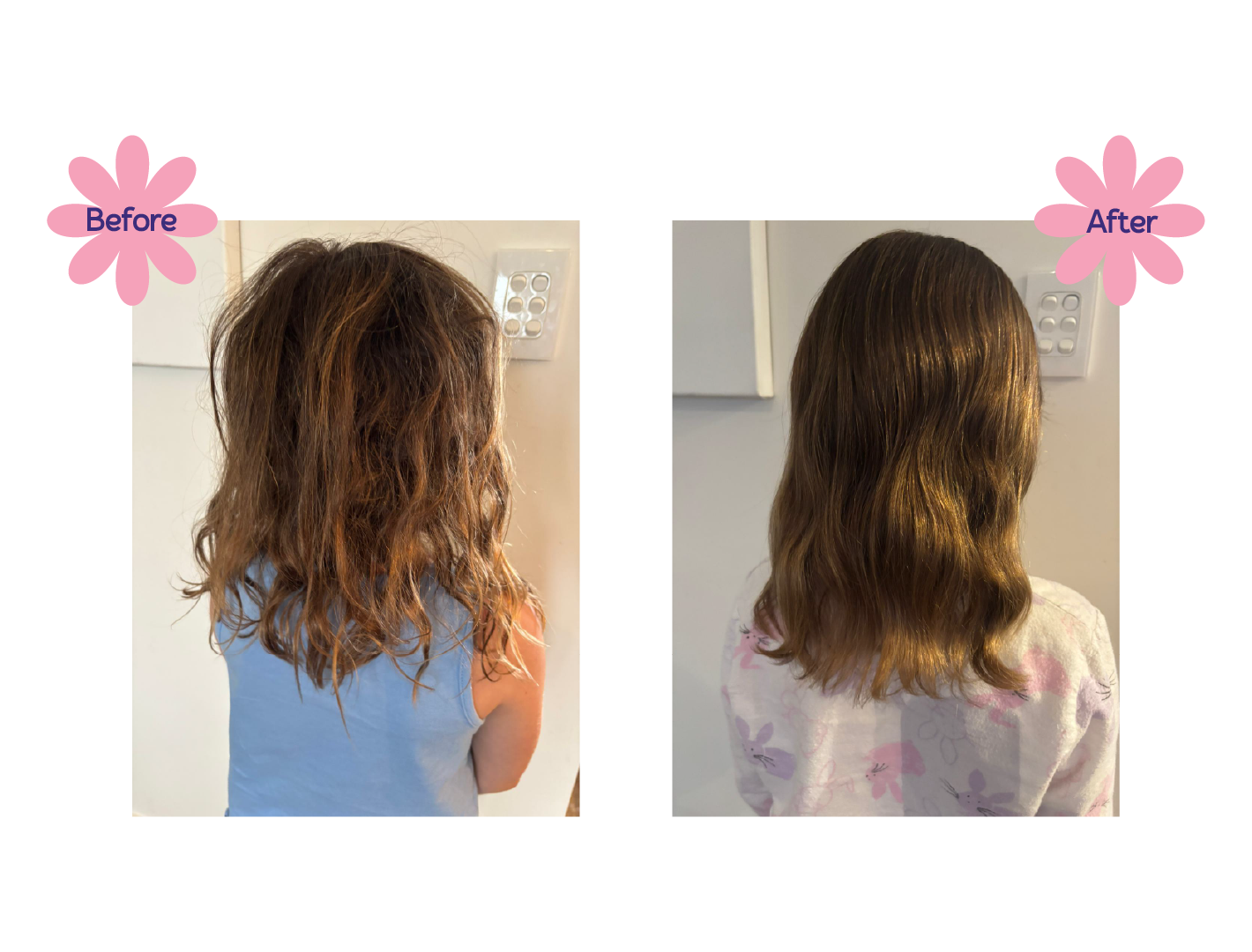 Side-by-side comparison of a girl showing her hair before and after a styling treatment. The left image shows curly, frizzy hair, while the right image shows smooth, shiny hair.