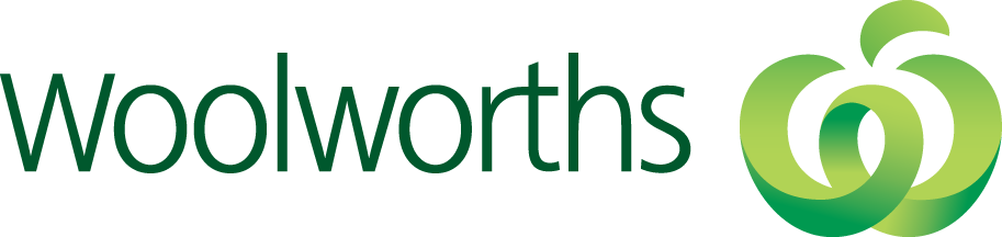 Logo for Woolworths, a supermarket brand, featuring stylized green text and graphic elements.