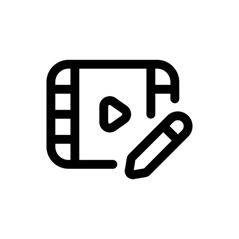 Icon of a video file with a play button, a film strip border, and a pencil, indicating editing or creating a video.