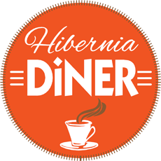 Logo for Hibernia Diner with orange background, white text, and a steaming coffee cup illustration.