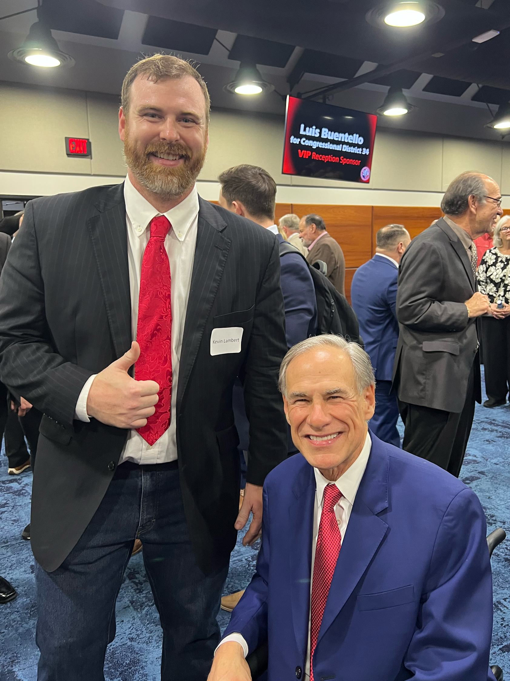 Kevin meeting with Governor Abbot at the Texas Independence Dinner hosted by the Nueces County Republicans.