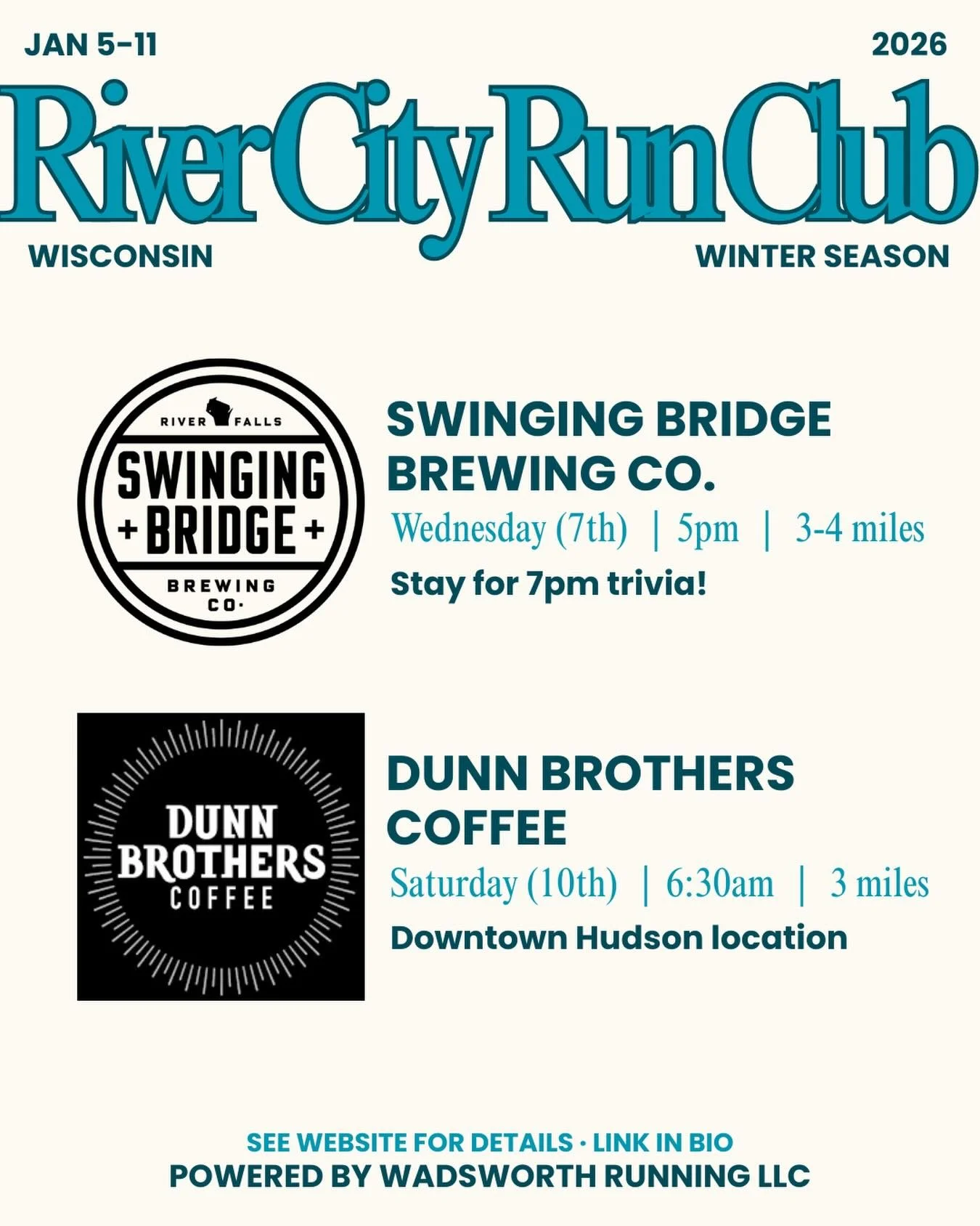This week&rsquo;s edition🏃&zwj;♀️🏃&zwj;♂️

WEDNESDAY NIGHT:
Brave the cold with friends for 3-4 miles, then warm up at Swinging Bridge with a brew🍻. The tap list is no joke! They also offer a great variety of non-alcoholic options. Stay for trivia