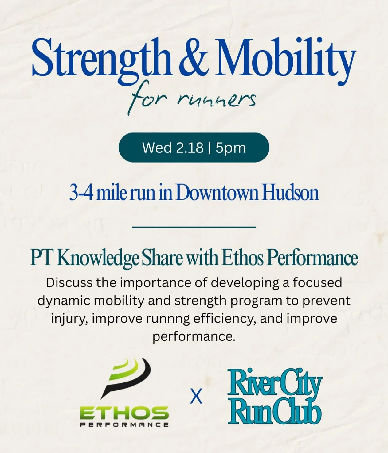 Take advantage of this valuable opportunity for a discussion with @ethosperformance on strength &amp; mobility for runners. This Wednesday - run at 5pm, then discussion to follow. As always, all paces welcome! Hope to see you there!!!

#runclub #huds