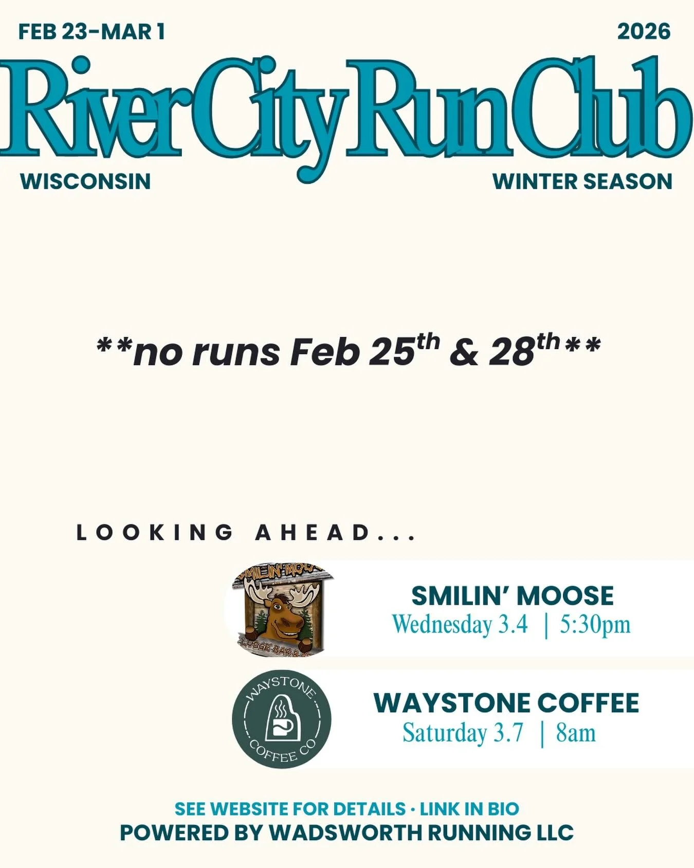 Sad news for this upcoming week😪 We will be back in action the week of March 2nd, so mark your calendars!

#runclub #hudsonwi #riverfallswi