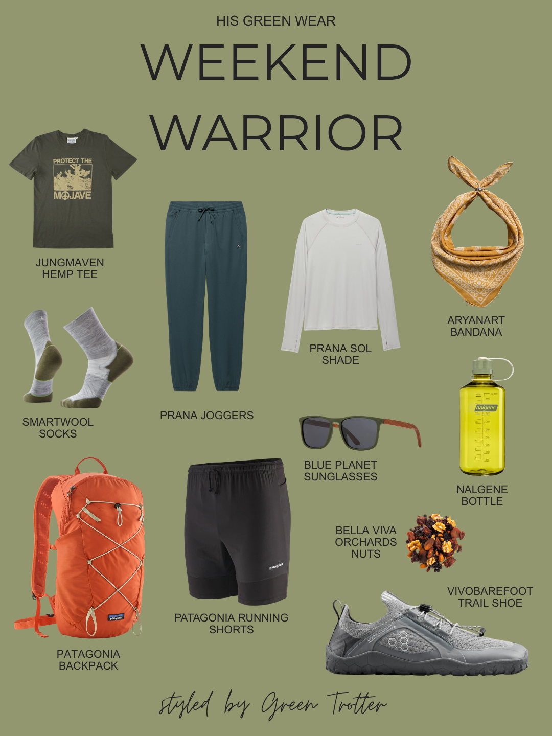 11 images of sustainable, high-performance activewear and accessories: shirts, socks, bandana, shoes, backpack, sunglasses, shorts, pants, and snack