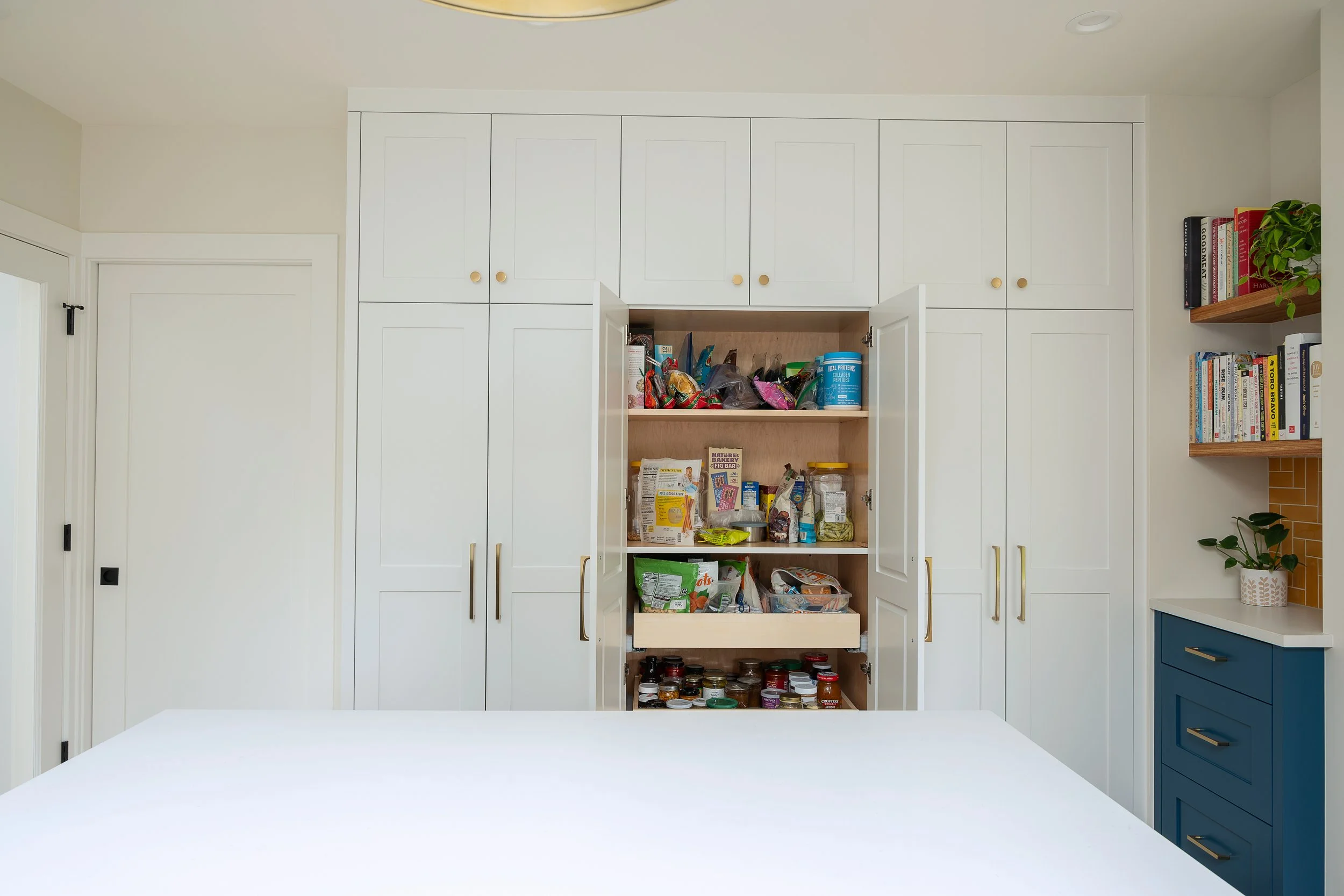 Kitchen cabinet with open doors showing pantry with various food items, some books on a shelf, and a plant next to a blue drawer.