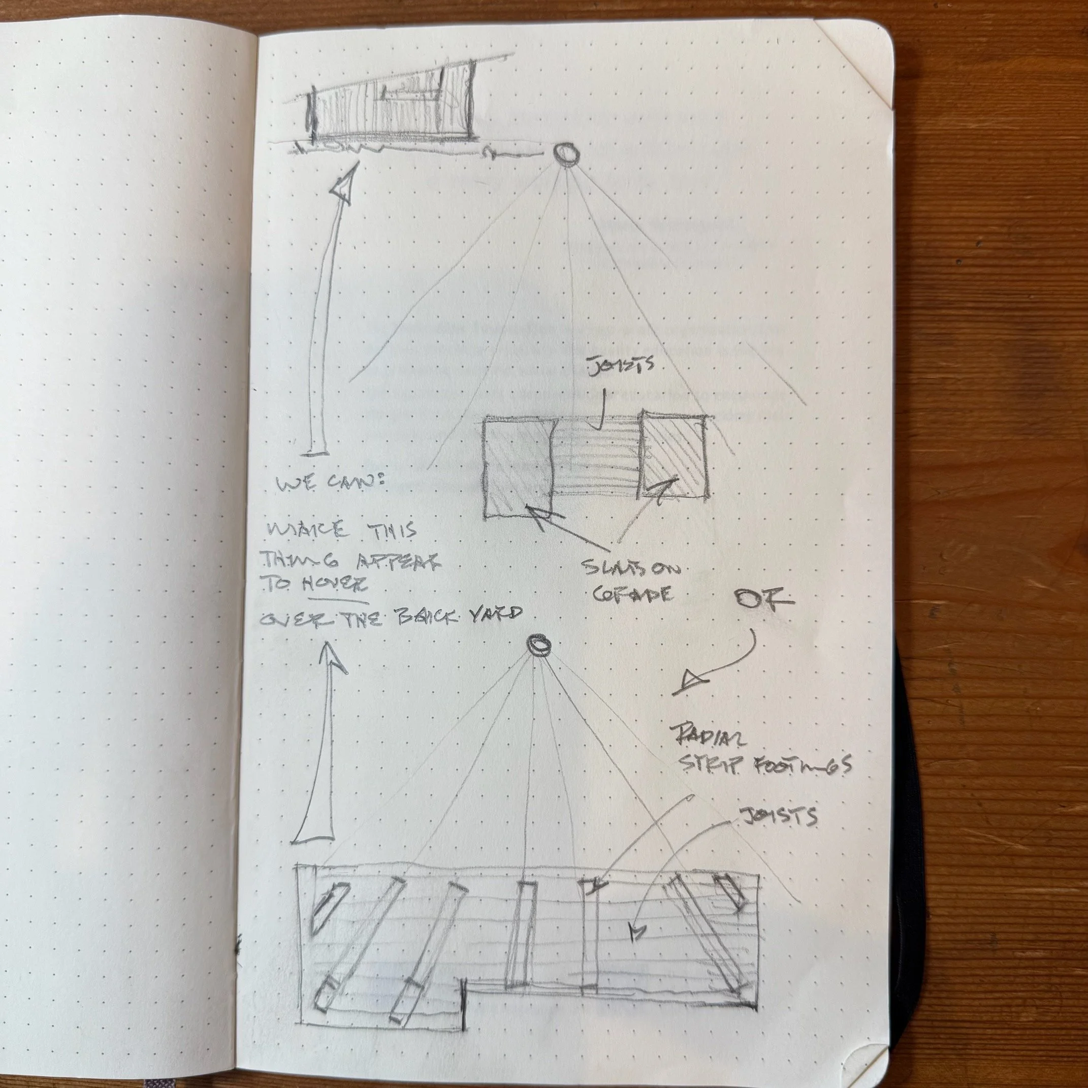 Hand-drawn diagram of an ADU construction plan with labels, including notes about mounting and joists, and sketches of floor sections and supports used in building.