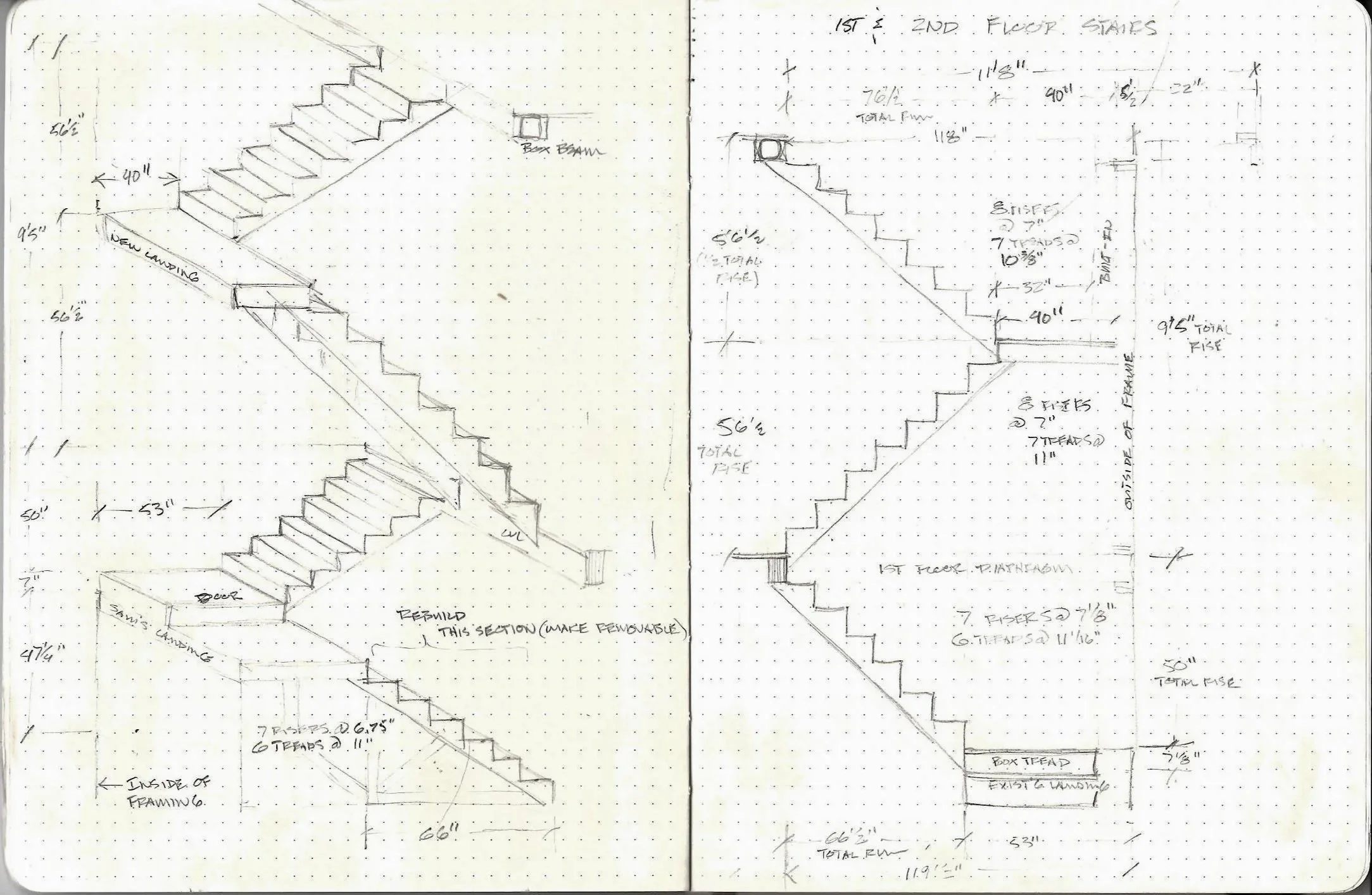 Hand-drawn design sketches of staircases with measurements and annotations, including front, side, and section views, labeled as first and second floors.