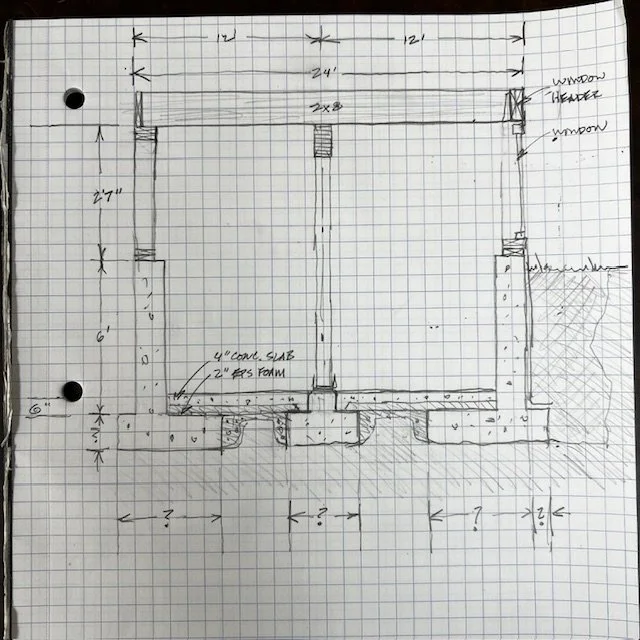 Hand-drawn house foundation and wall plan on graph paper with measurements and notes.