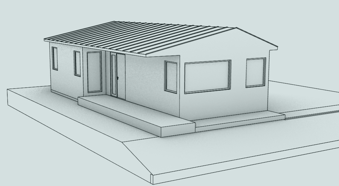 Sketch of a small house with a sloped roof, four windows, a door, and steps leading up to the entrance.