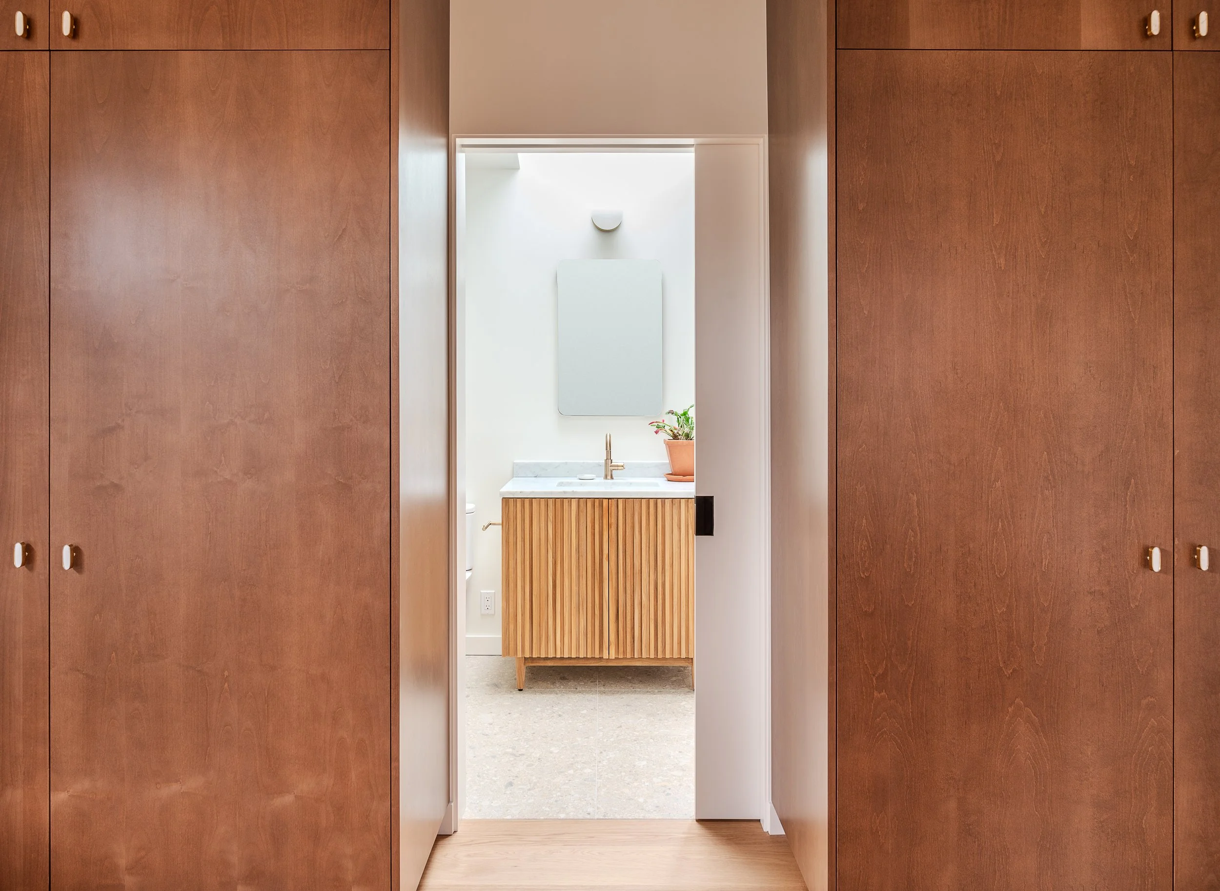 View of a bathroom seen through an open doorway inside a modern ADU, with a wooden vanity, a mirror, a plant, and a towel rack visible.